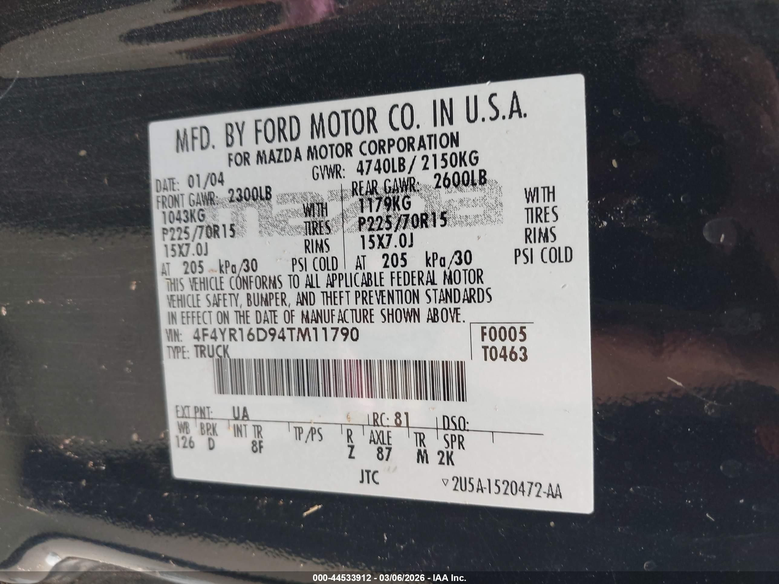 2004 Mazda B2300 Se Black vin: 4F4YR16D94TM11790