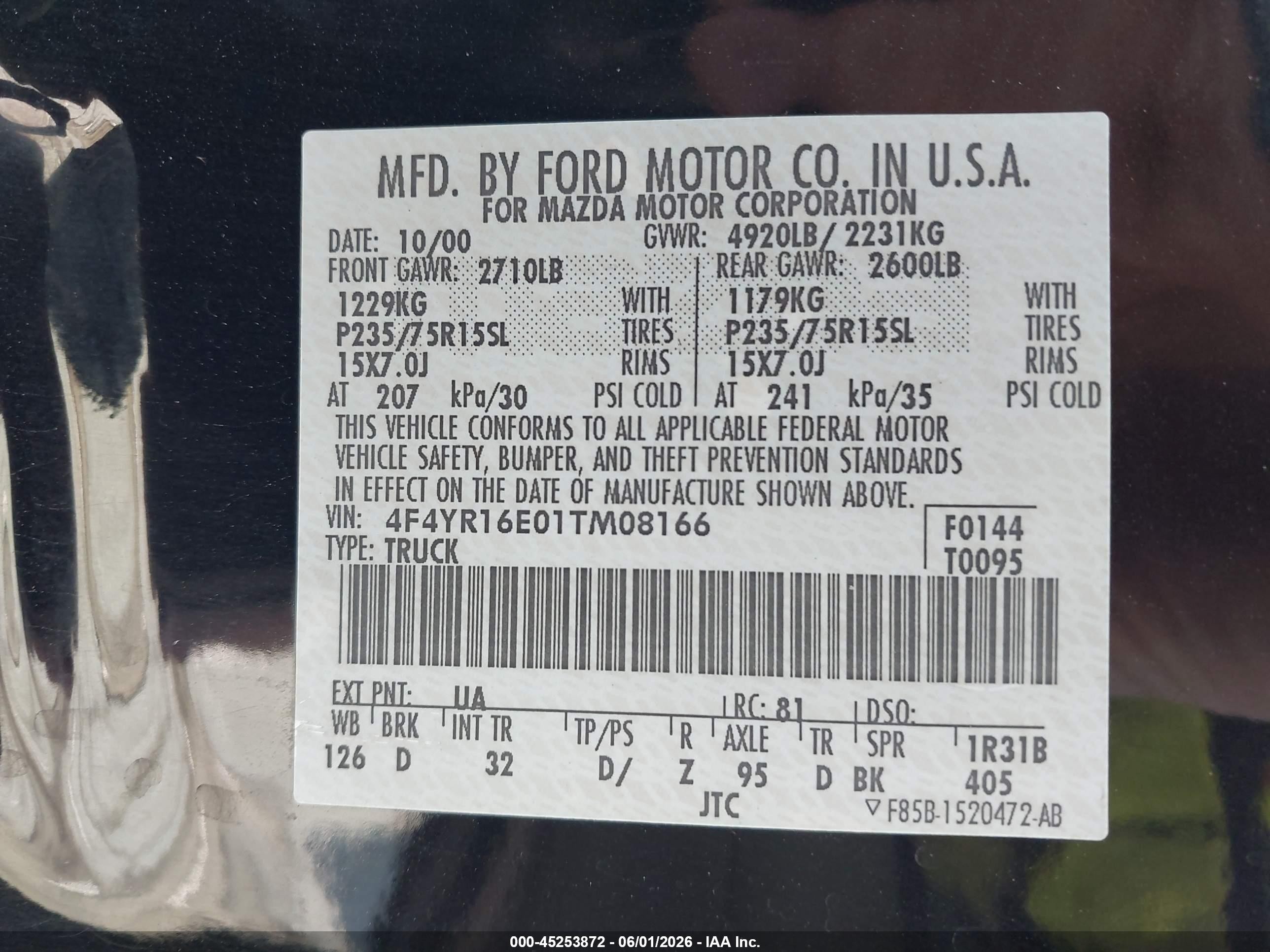 2001 Mazda B3000 Ds/se Black vin: 4F4YR16E01TM08166