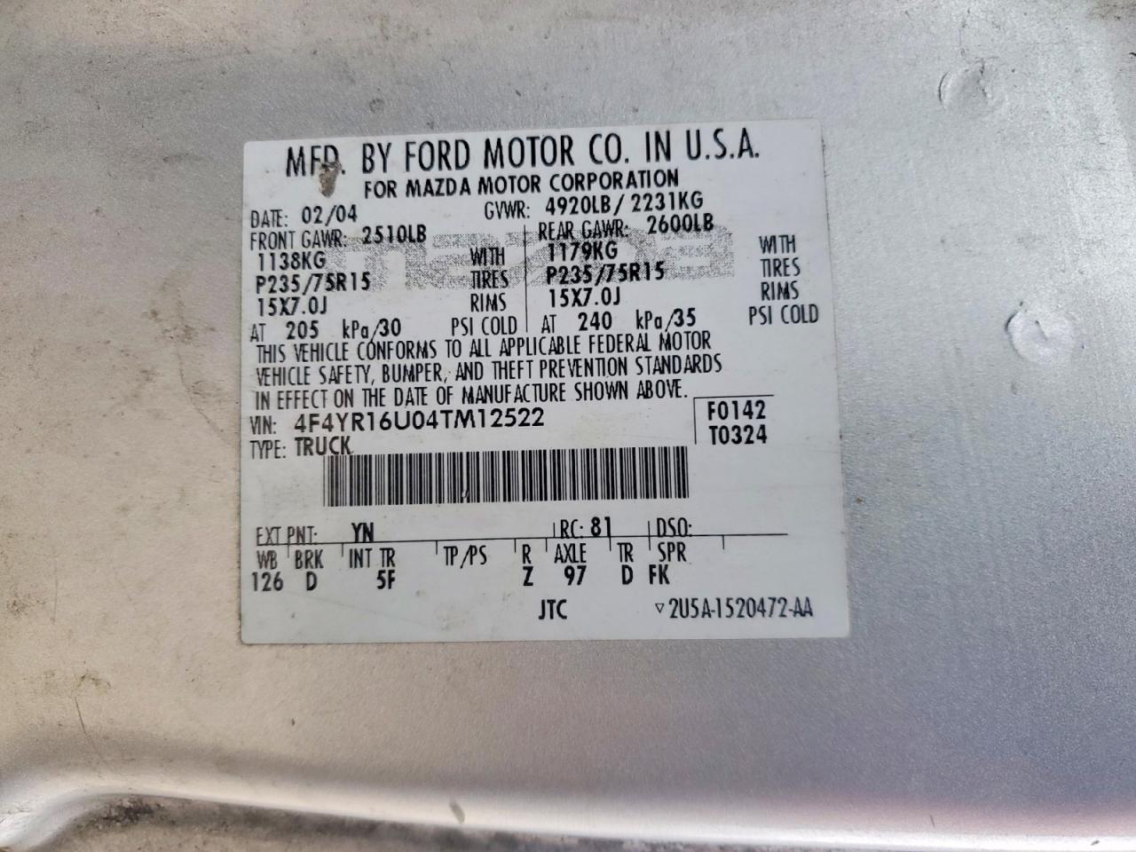 2004 Mazda B3000 Cab Plus Silver vin: 4F4YR16U04TM12522