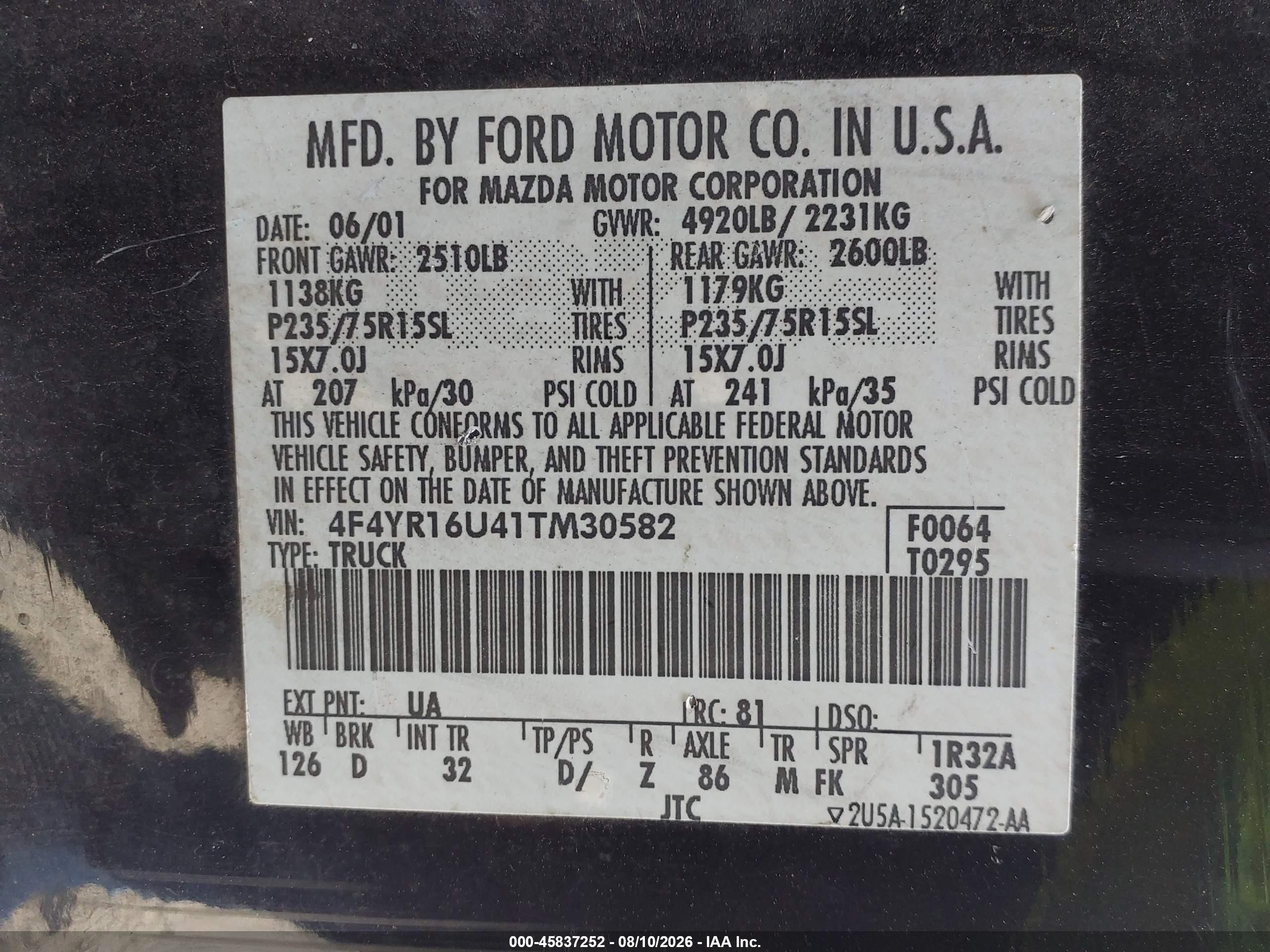 2001 Mazda B3000 Ds/se Black vin: 4F4YR16U41TM30582