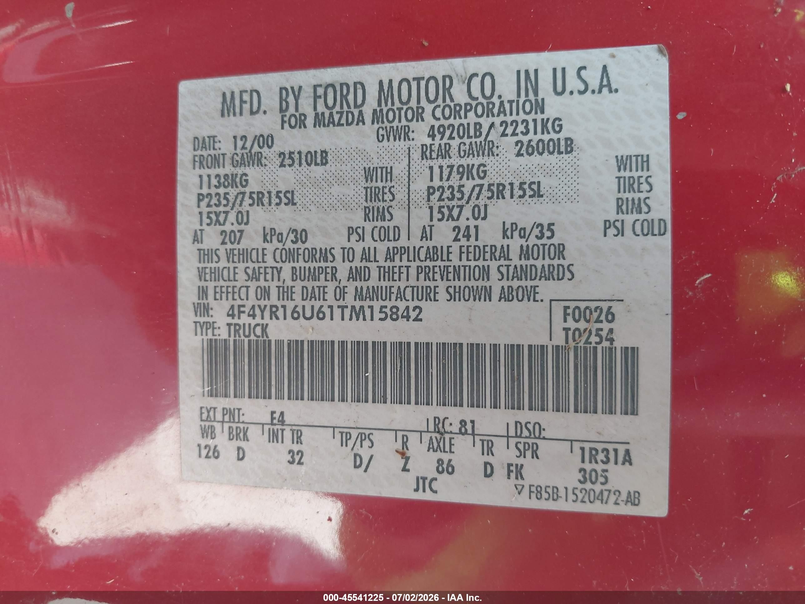 2001 Mazda B3000 Ds/se Red vin: 4F4YR16U61TM15842