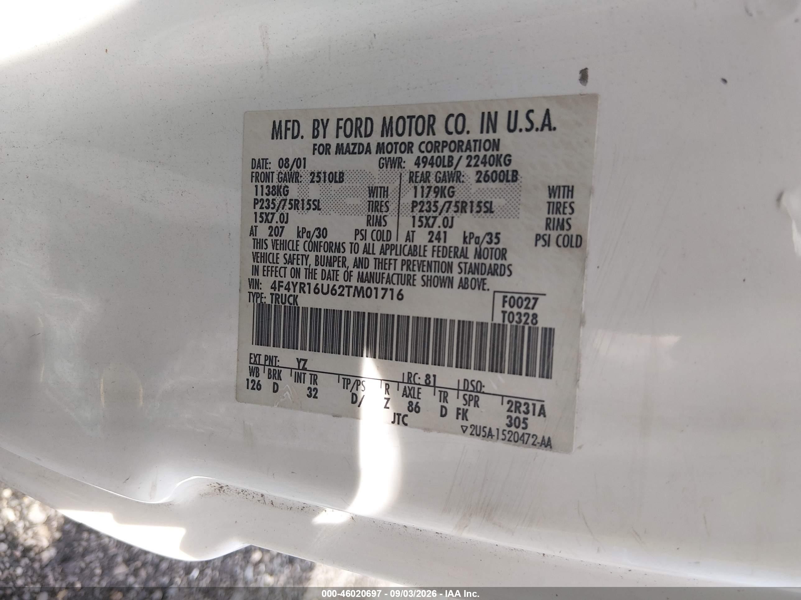 2002 Mazda B3000 Ds White vin: 4F4YR16U62TM01716
