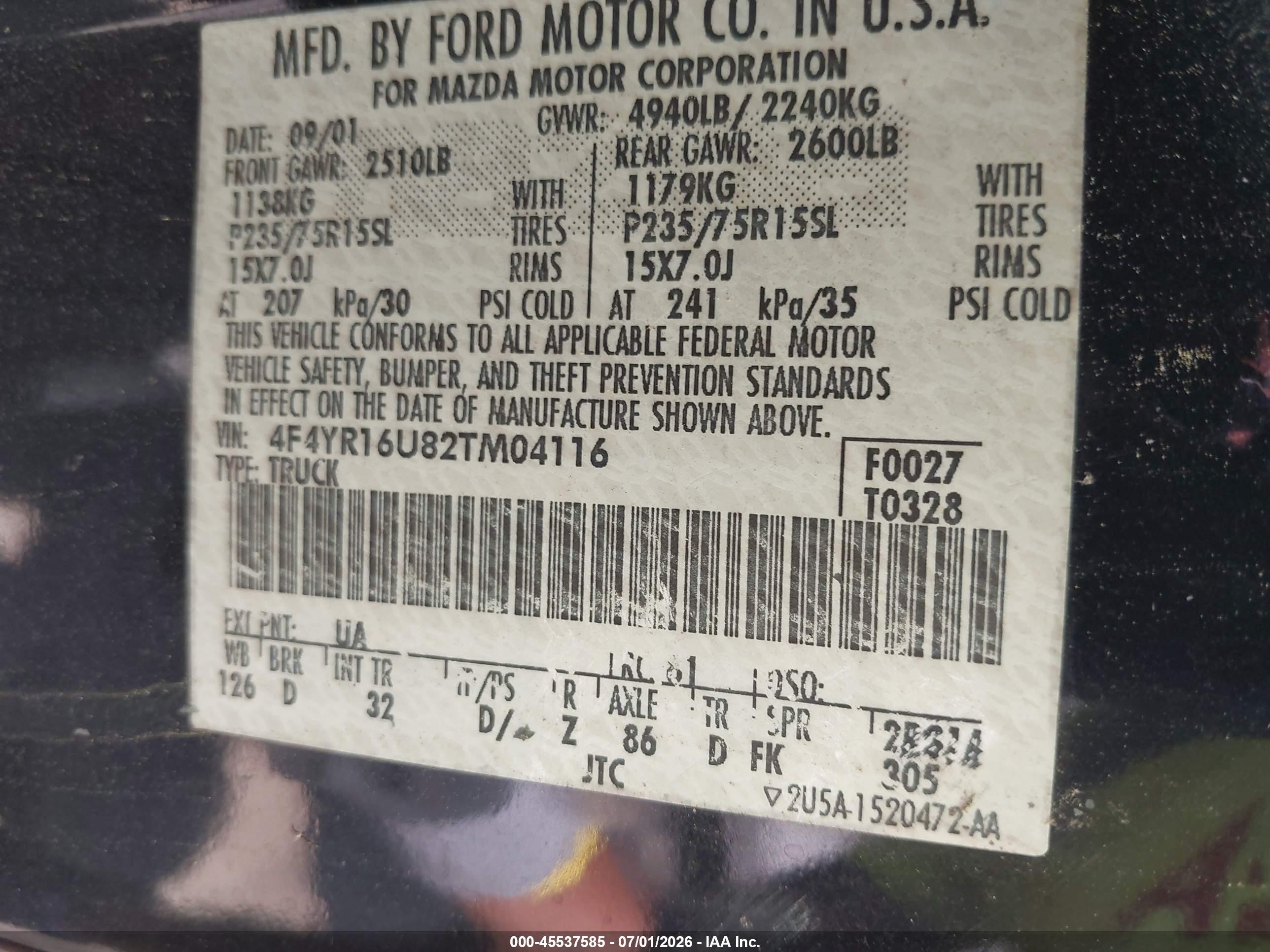 2002 Mazda B3000 Ds Black vin: 4F4YR16U82TM04116