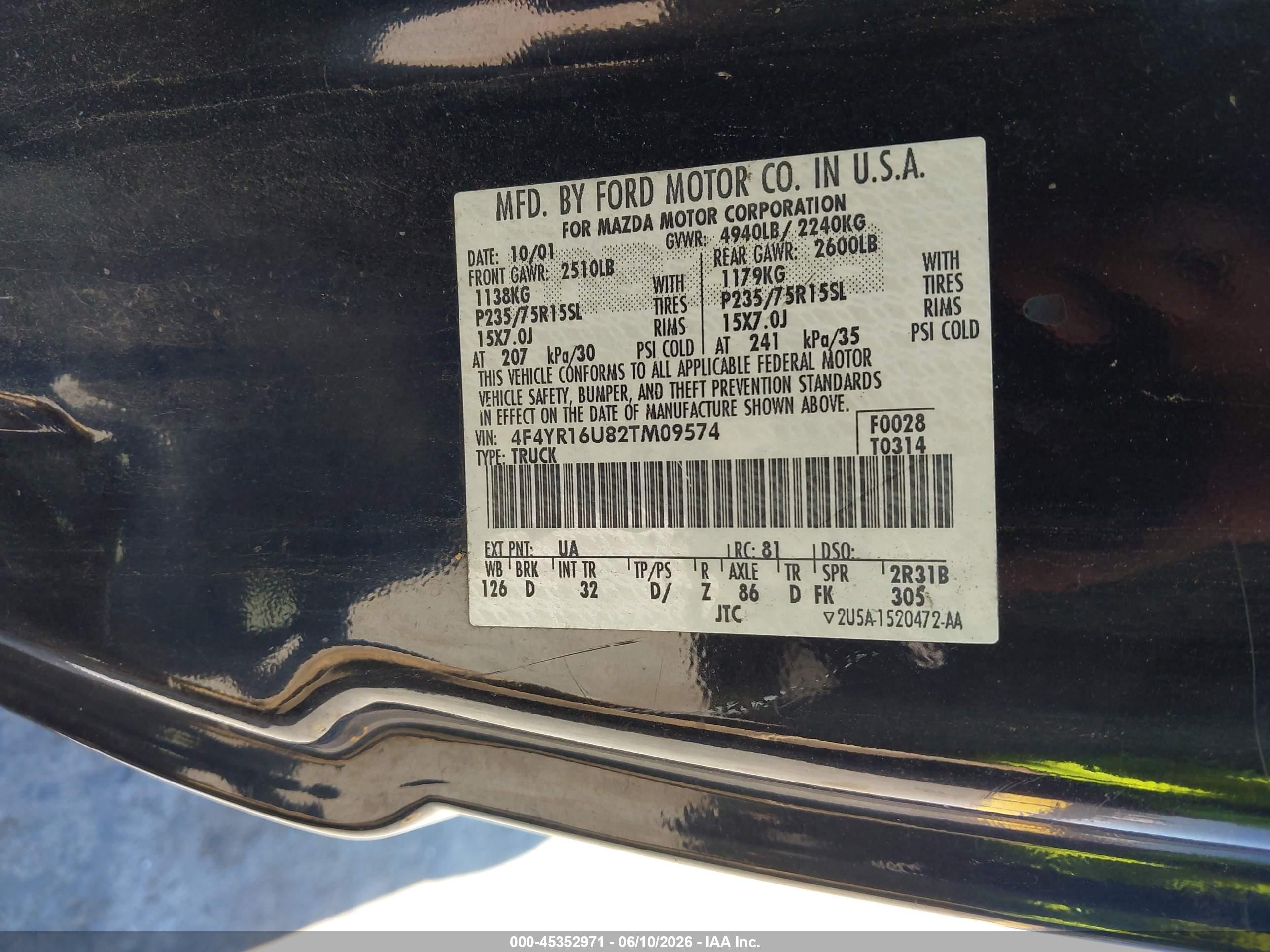 2002 Mazda B3000 Ds Black vin: 4F4YR16U82TM09574