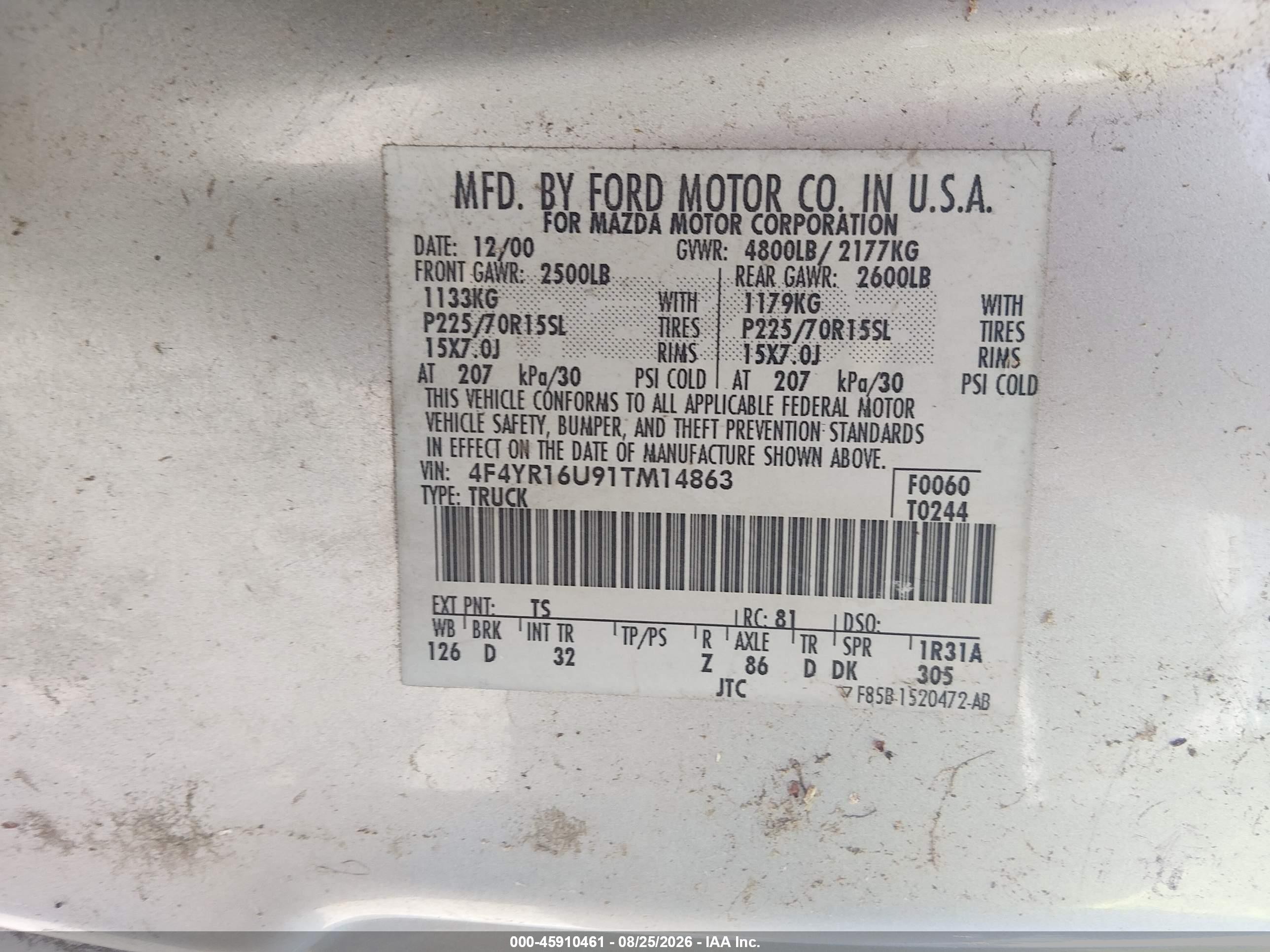 2001 Mazda B3000 Ds/se Silver vin: 4F4YR16U91TM14863