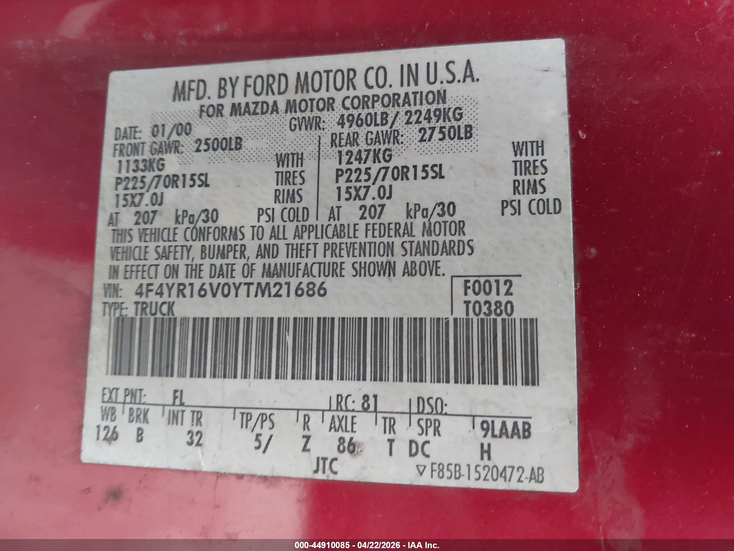 2000 Mazda B3000 Se/tl Burgundy vin: 4F4YR16V0YTM21686