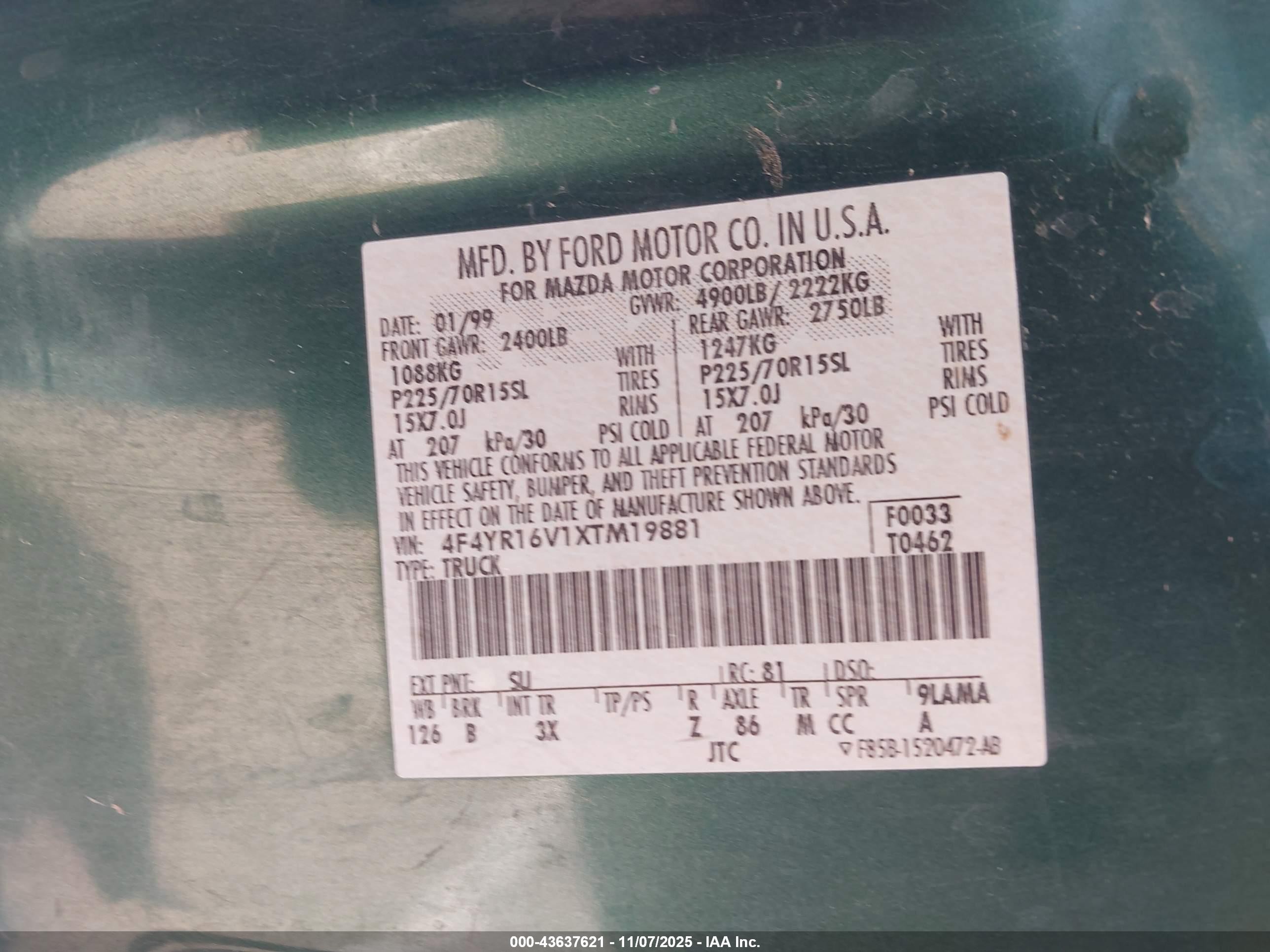 1999 Mazda B3000 Se/tl Green vin: 4F4YR16V1XTM19881