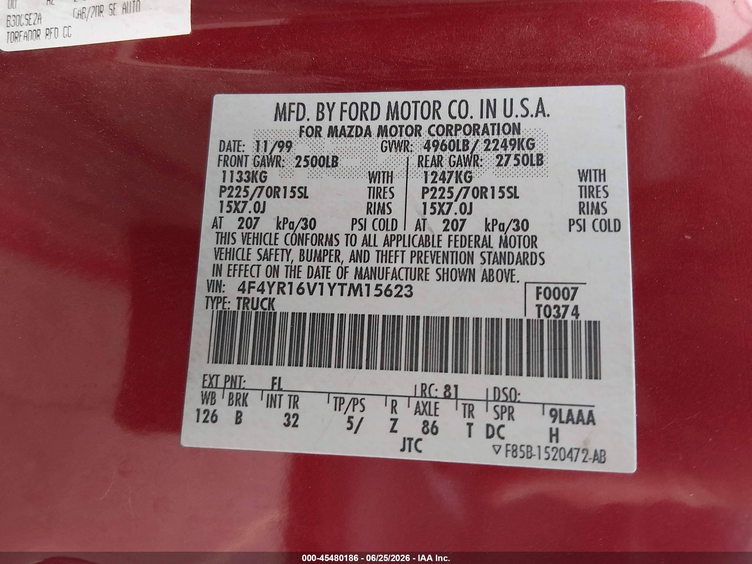 2000 Mazda B3000 Se/tl Red vin: 4F4YR16V1YTM15623