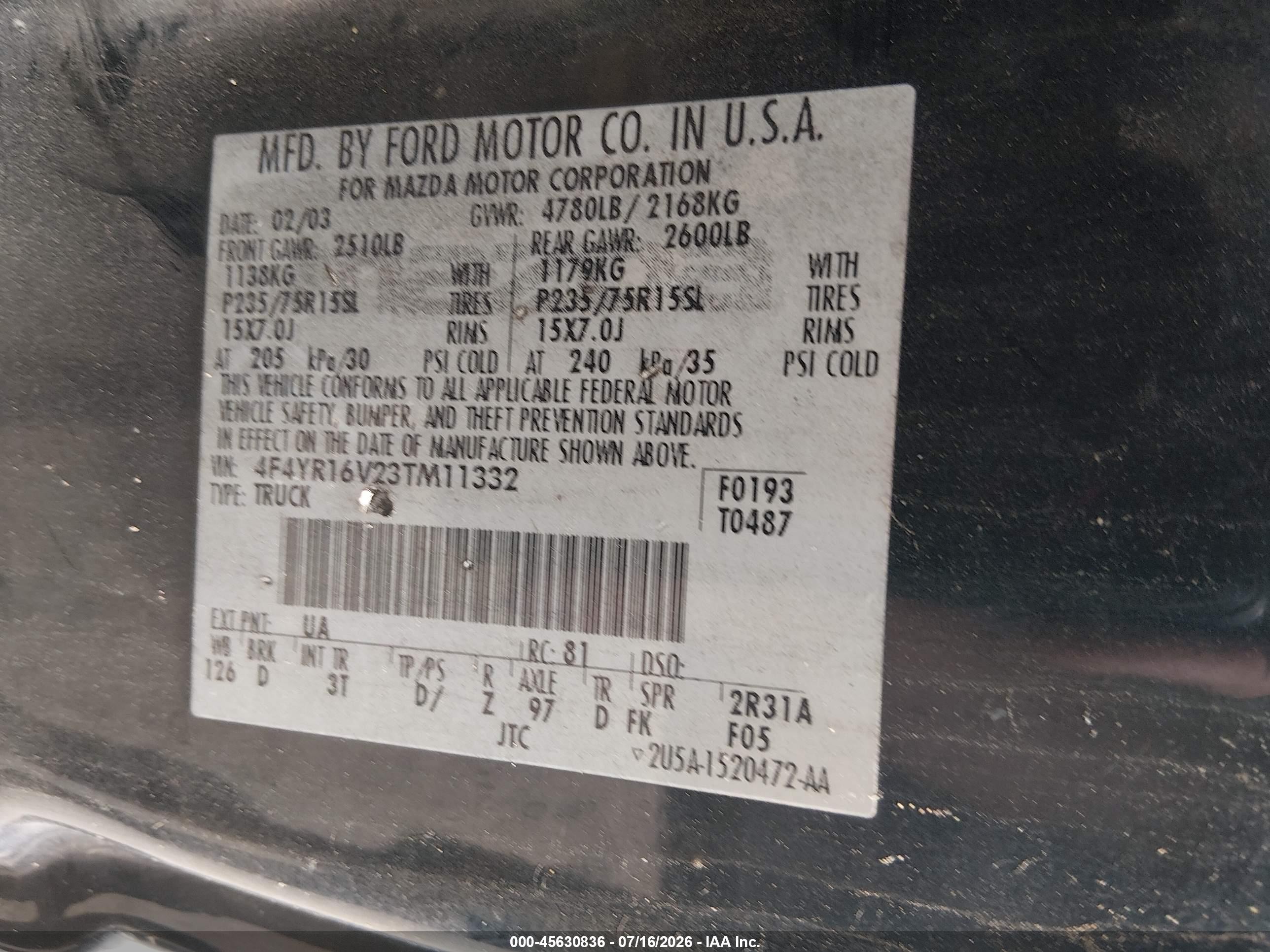 2003 Mazda B3000 Ds Black vin: 4F4YR16V23TM11332
