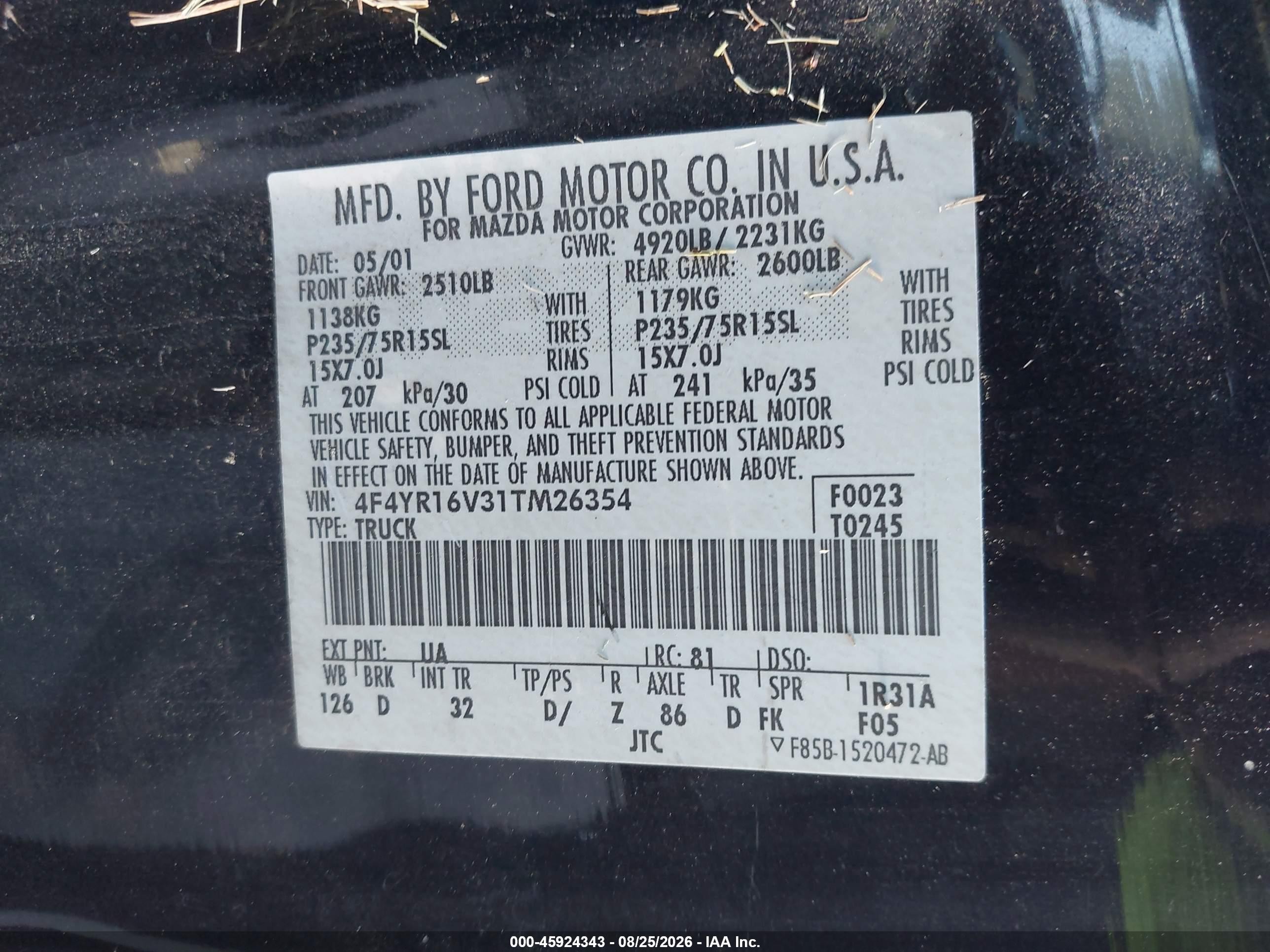 2001 Mazda B3000 Ds/se Black vin: 4F4YR16V31TM26354