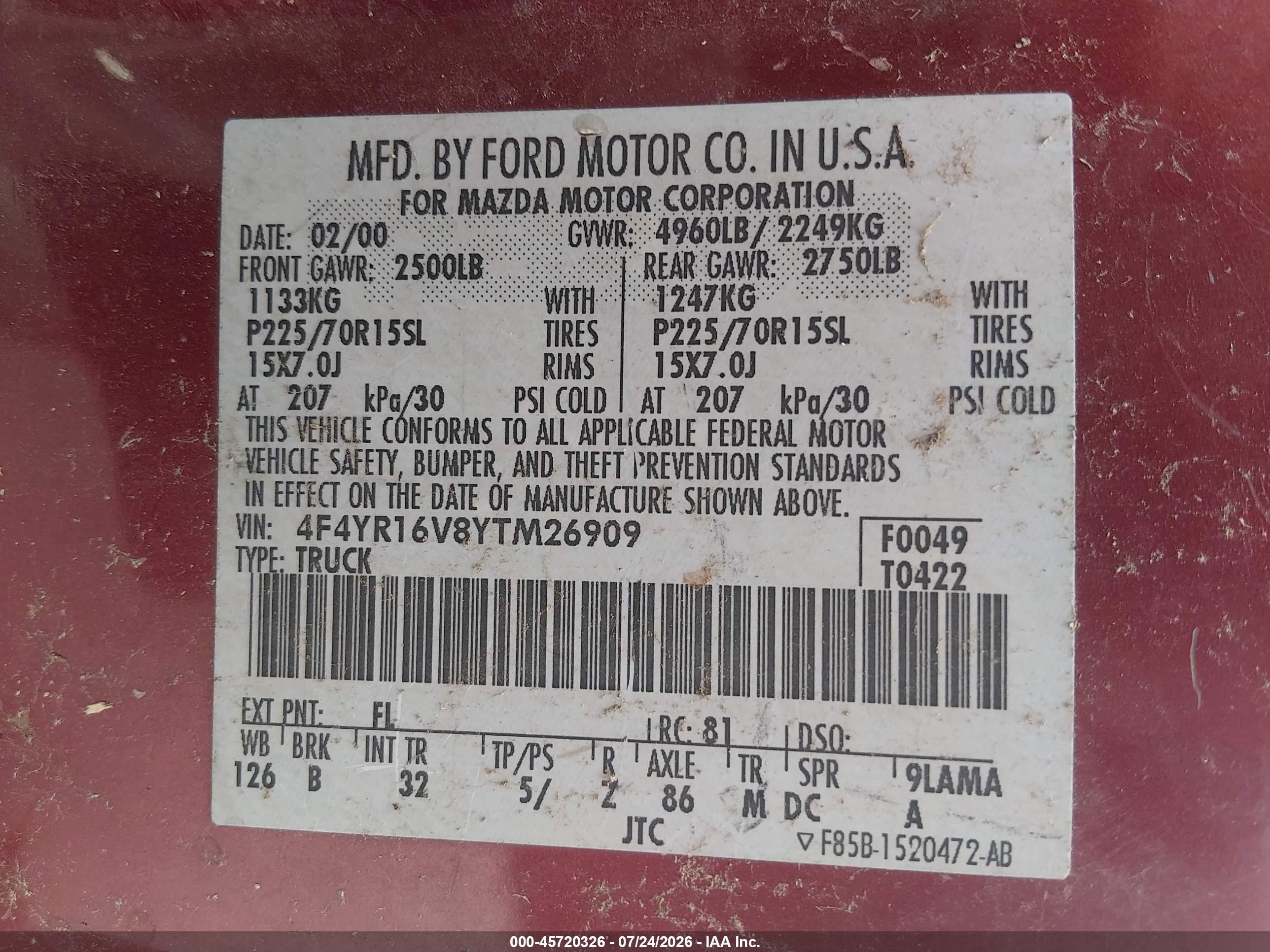 2000 Mazda B3000 Se/tl Red vin: 4F4YR16V8YTM26909