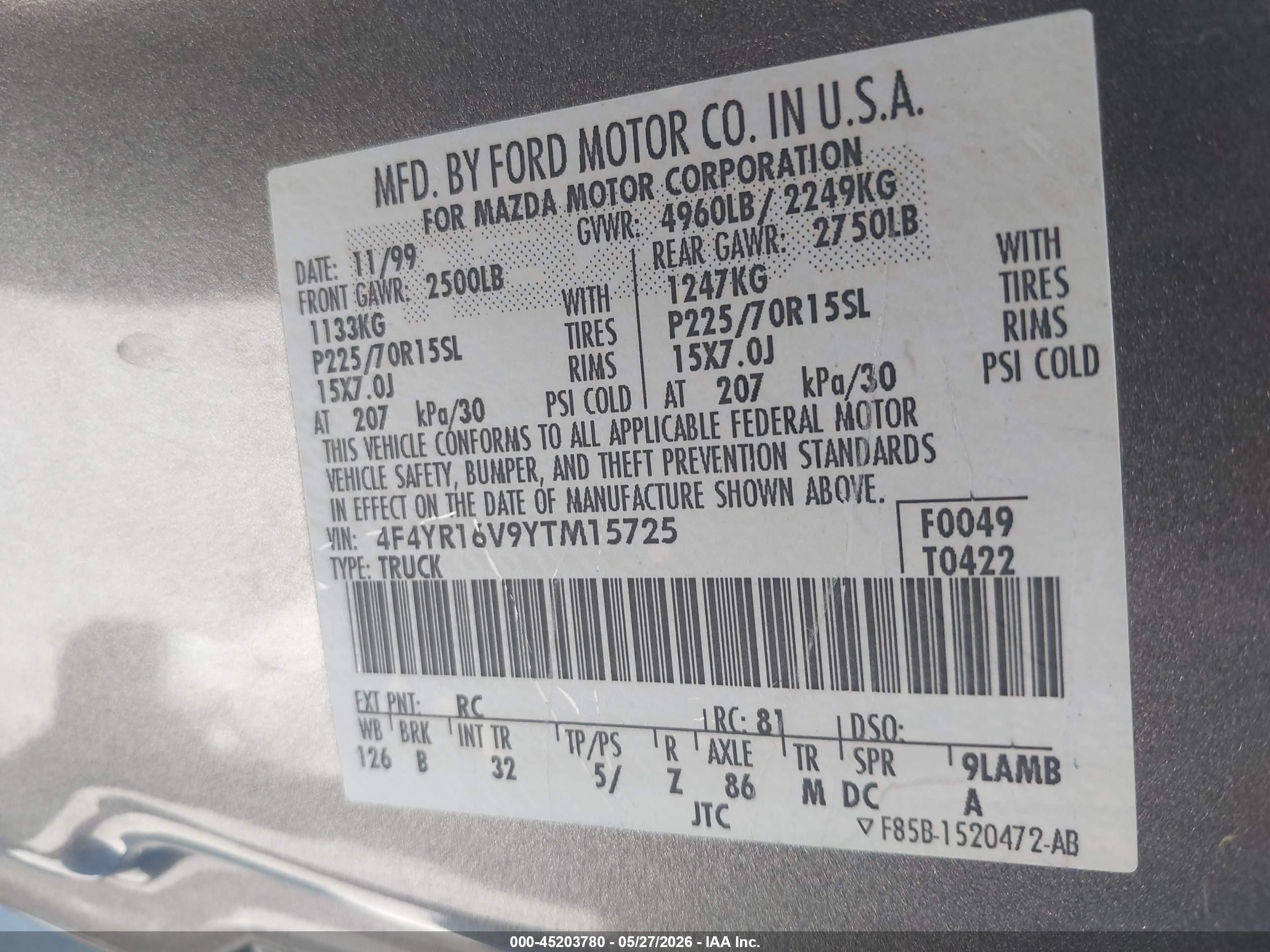 2000 Mazda B3000 Se/tl Silver vin: 4F4YR16V9YTM15725