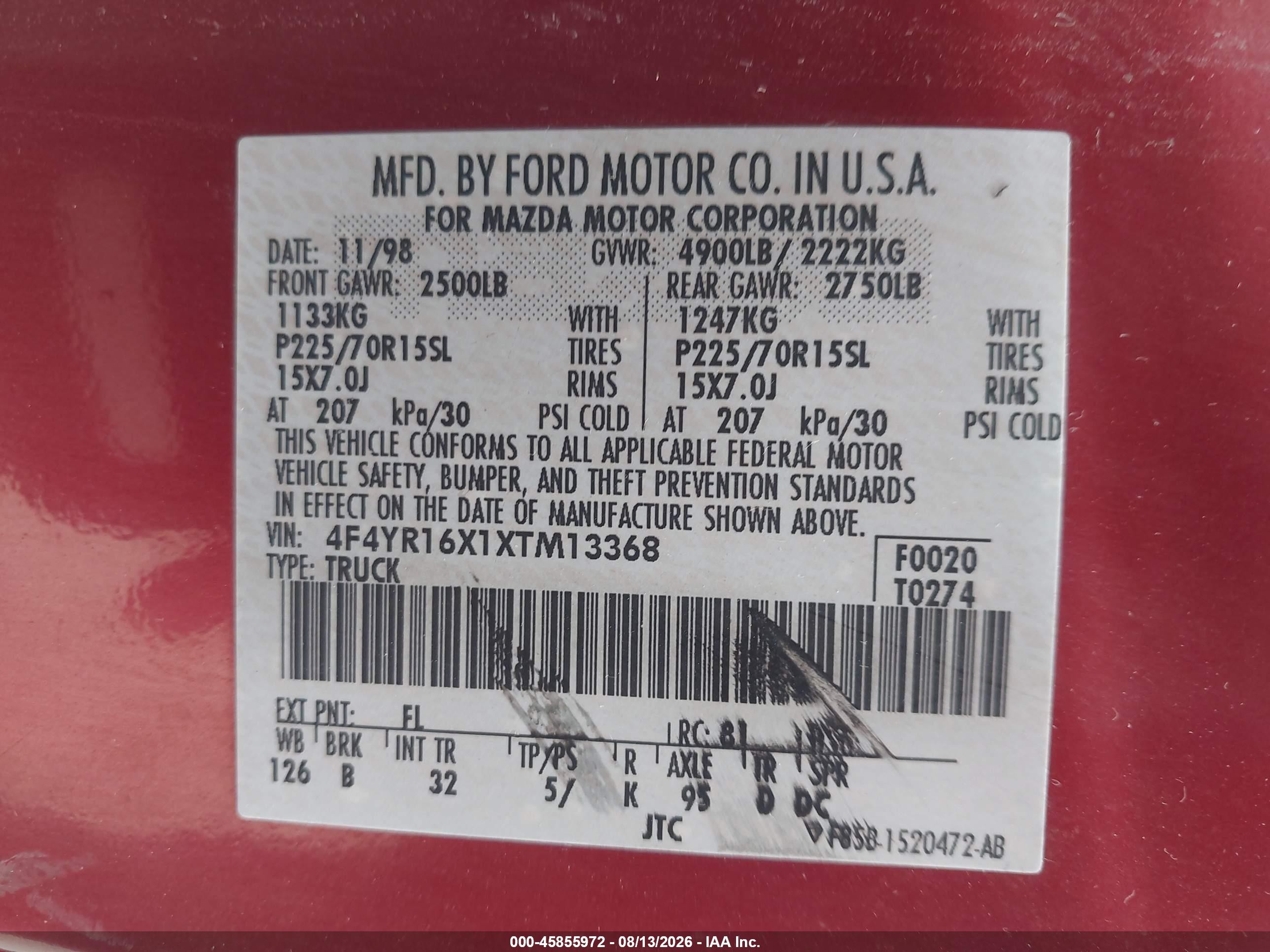 1999 Mazda B4000 Se Red vin: 4F4YR16X1XTM13368