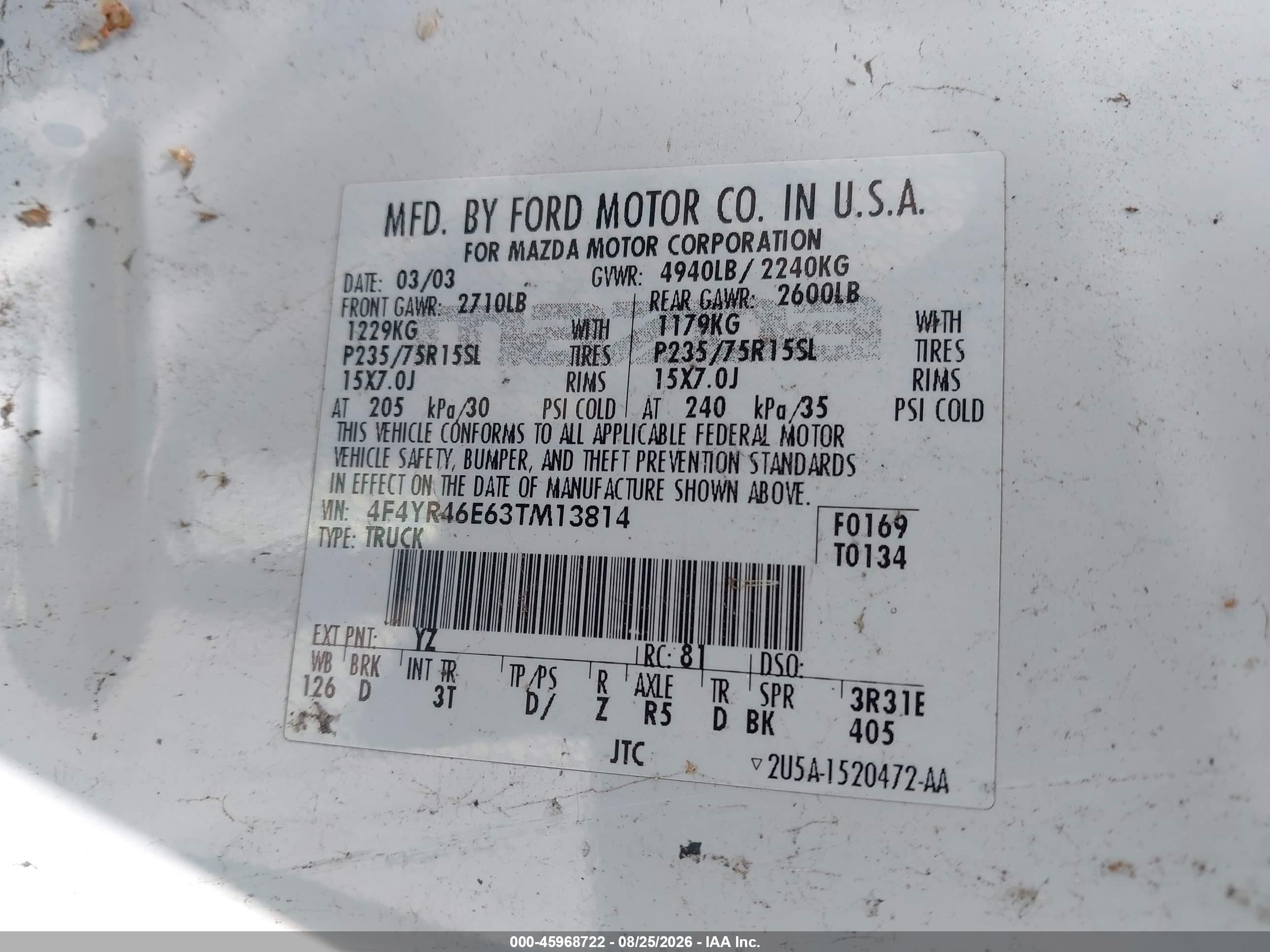 2003 Mazda B4000 Ds White vin: 4F4YR46E63TM13814