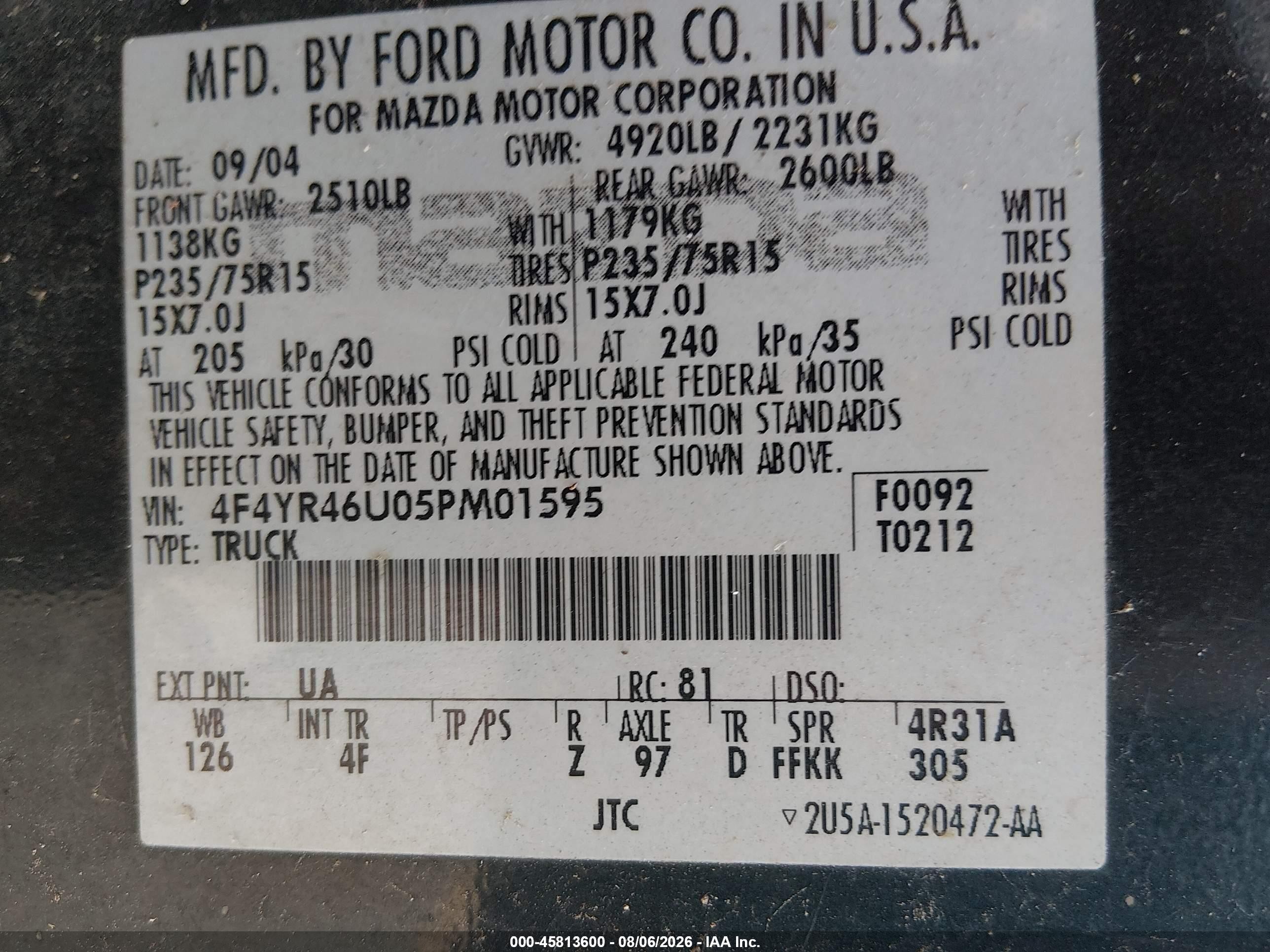 2005 Mazda B3000 Ds Black vin: 4F4YR46U05PM01595