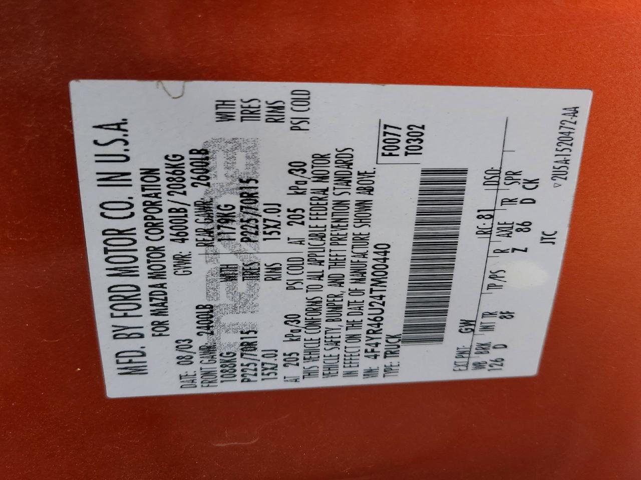 2004 Mazda B3000 Cab Plus Orange vin: 4F4YR46U24TM00440