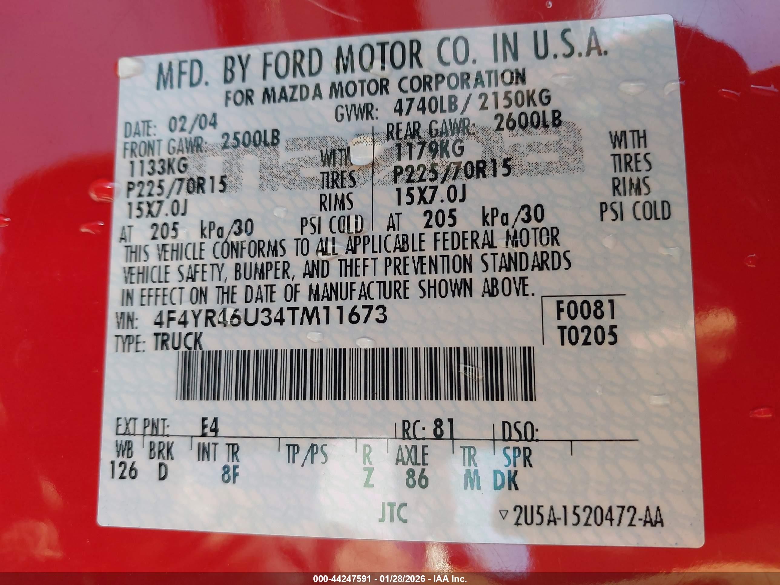 2004 Mazda B3000 Se Red vin: 4F4YR46U34TM11673