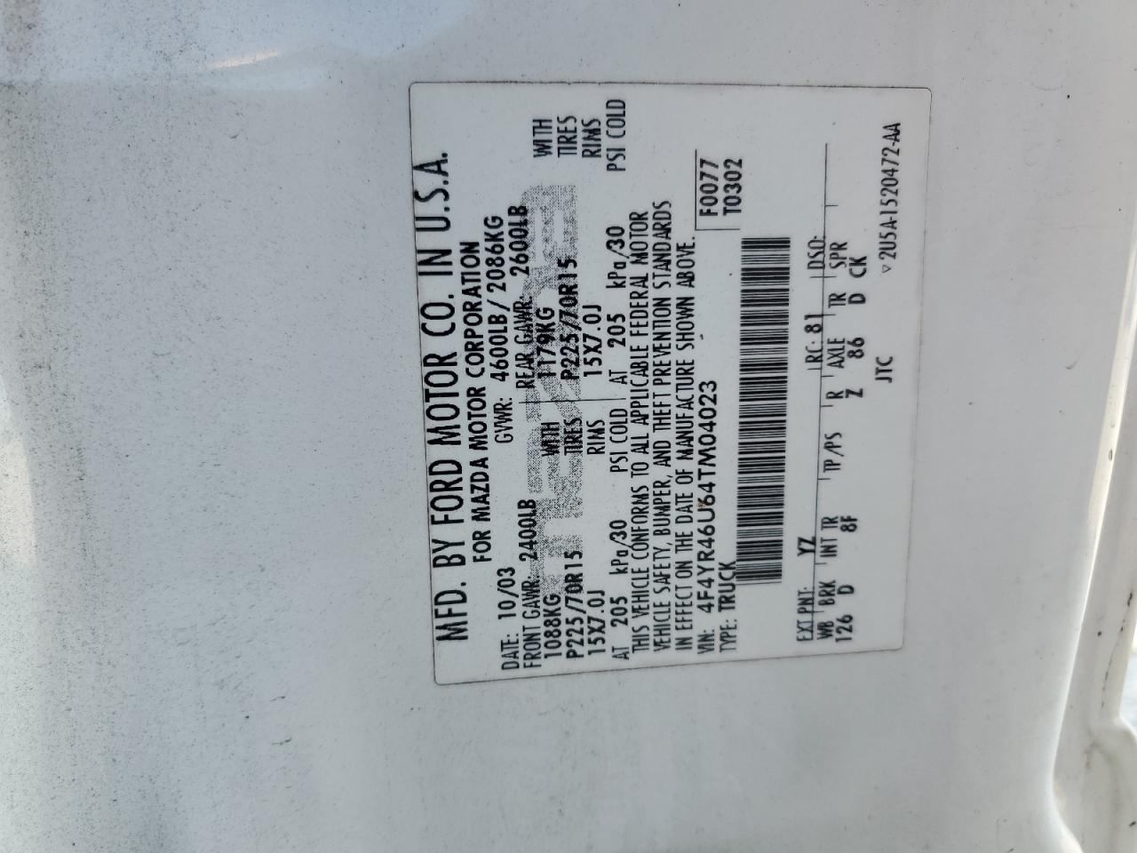 2004 Mazda B3000 Cab Plus Белый vin: 4F4YR46U64TM04023
