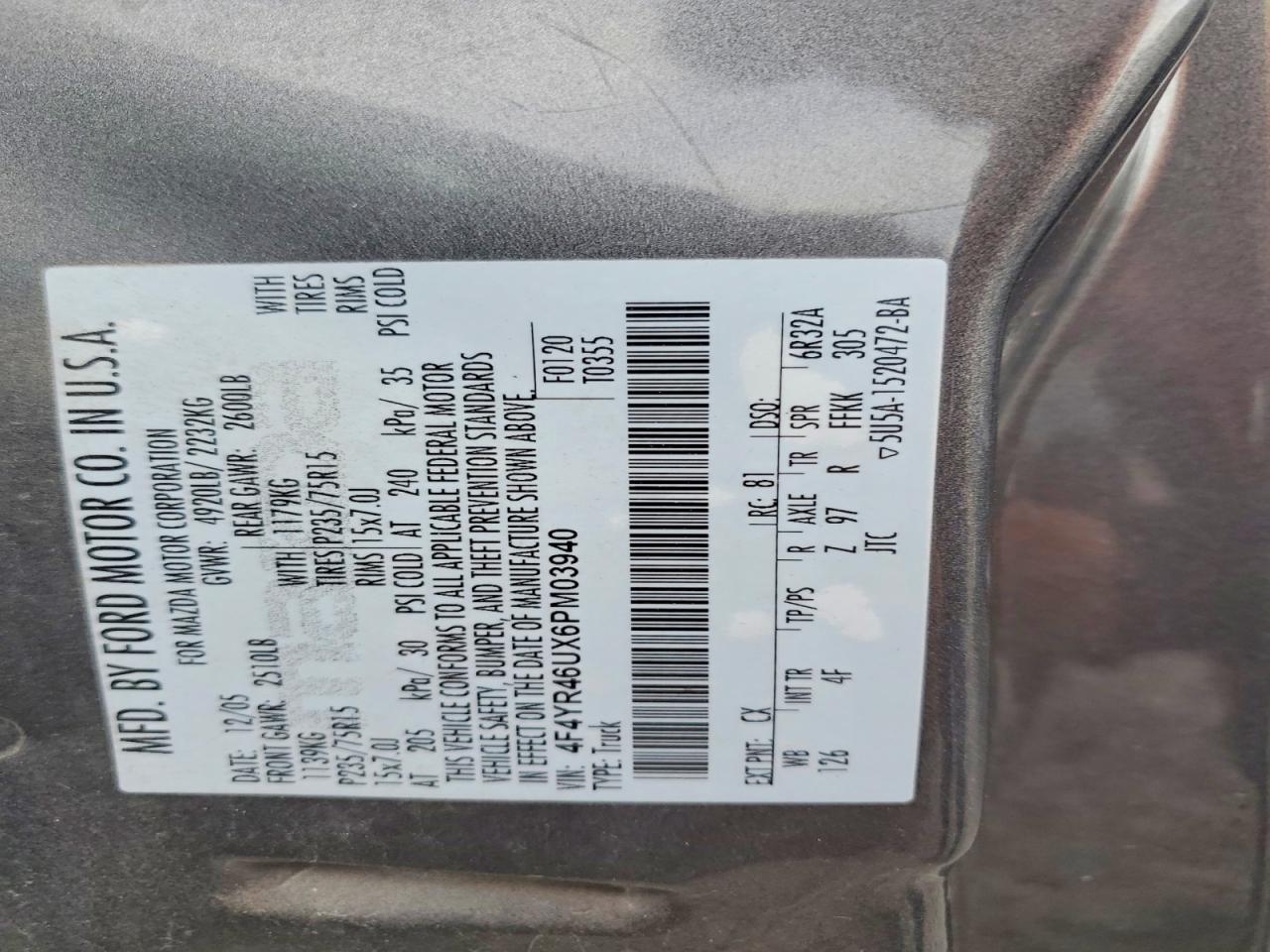 2006 Mazda B3000 Cab Plus Charcoal vin: 4F4YR46UX6PM03940