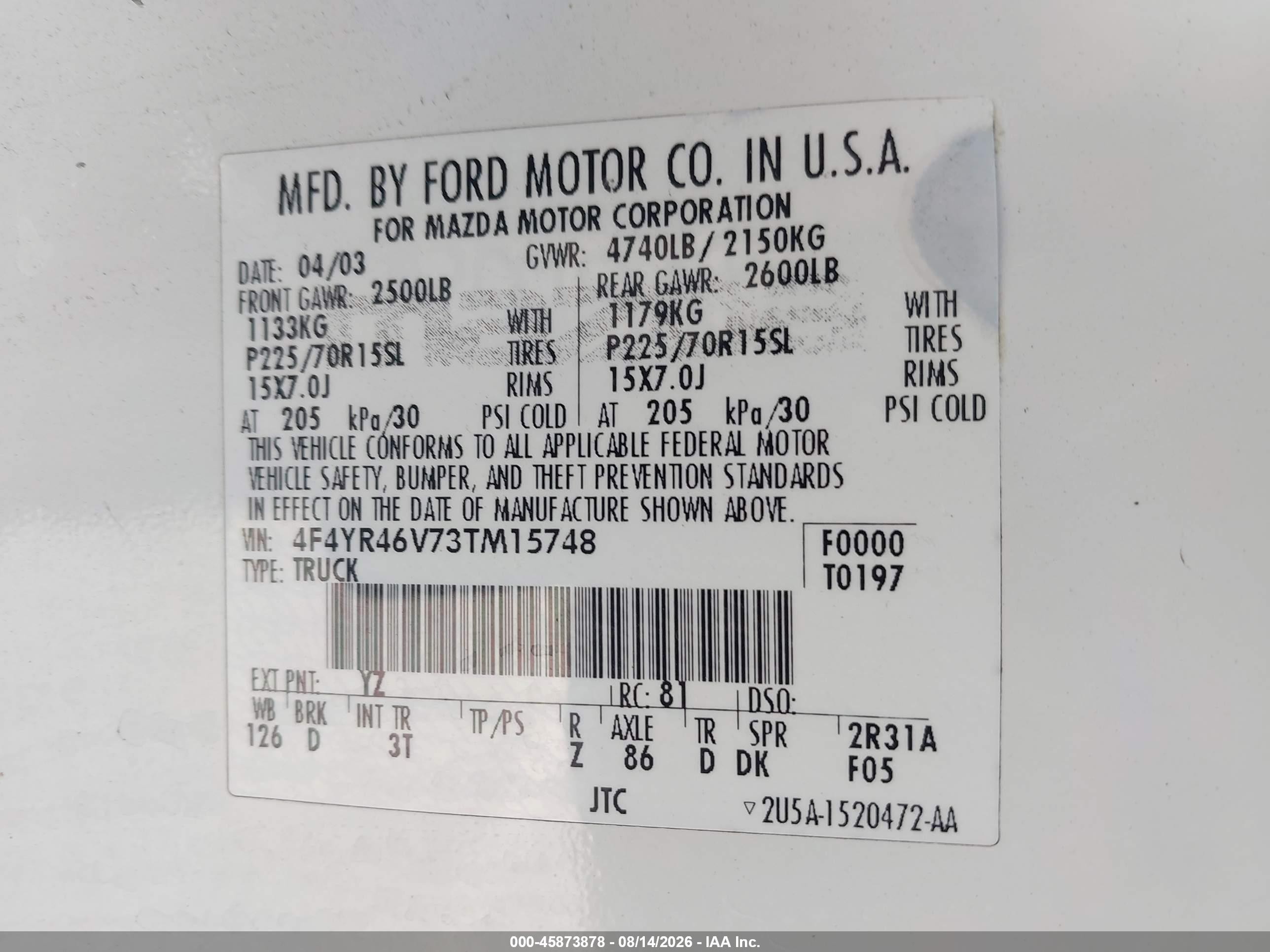 2003 Mazda B3000 Se White vin: 4F4YR46V73TM15748