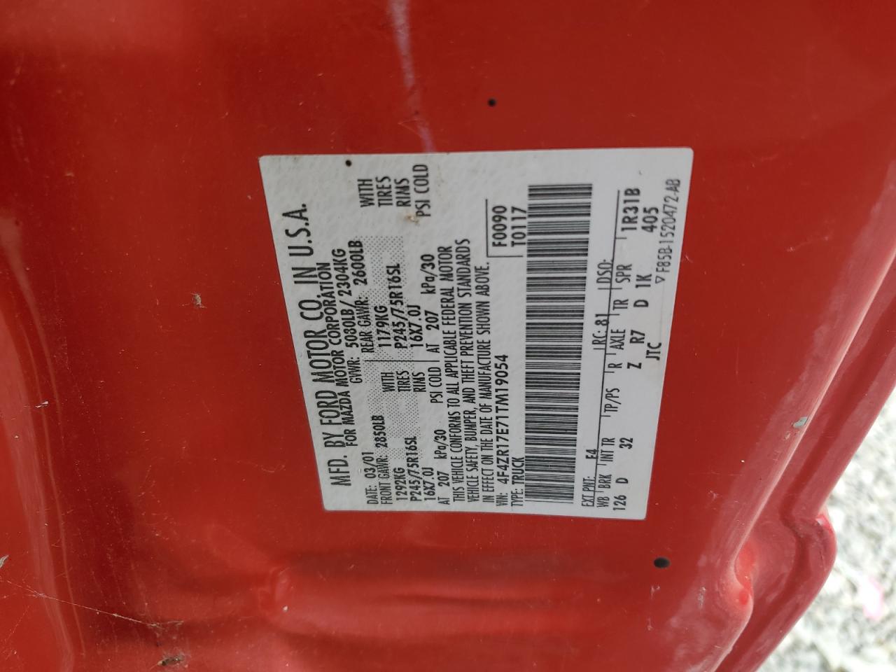 2001 Mazda B4000 Cab Plus Red vin: 4F4ZR17E71TM19054