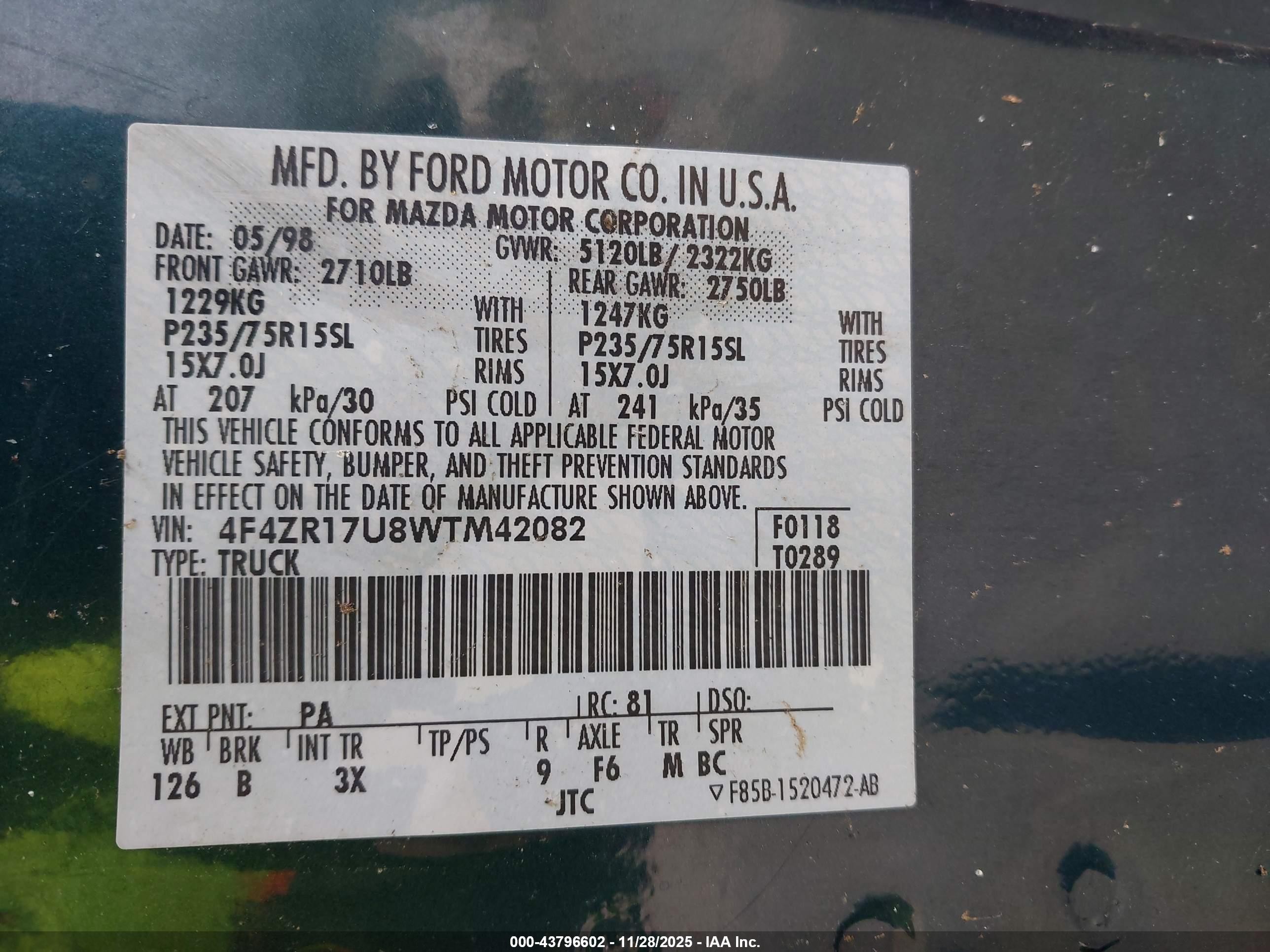 1998 Mazda B3000 Se Green vin: 4F4ZR17U8WTM42082