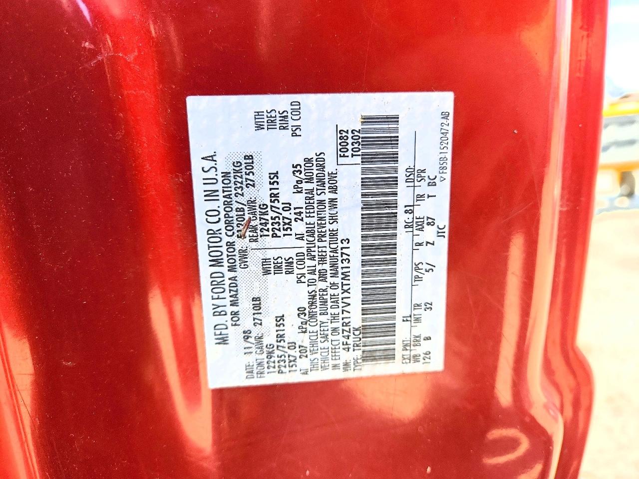 1999 Mazda B3000 Cab Plus Red vin: 4F4ZR17V1XTM13713