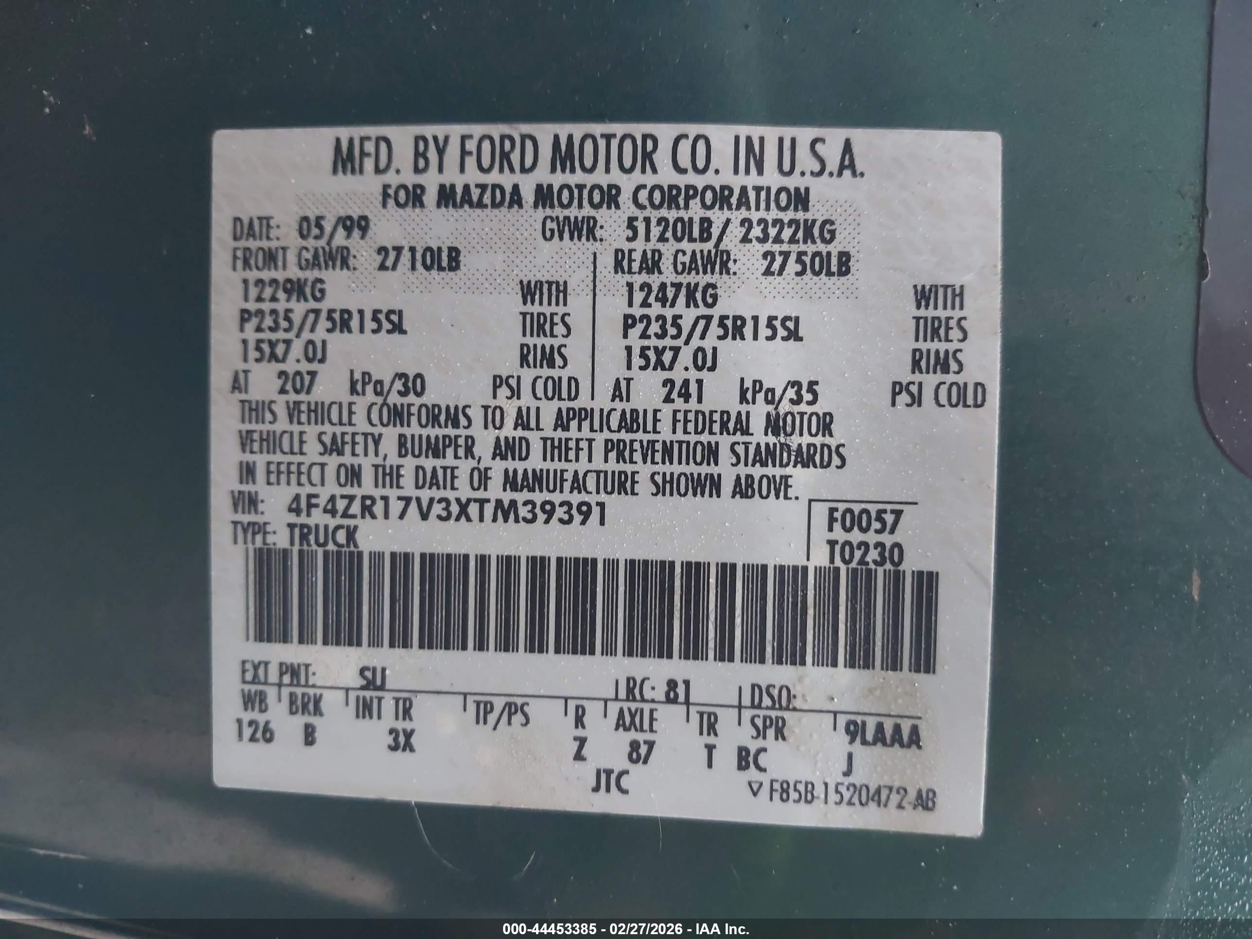 1999 Mazda B3000 Se Green vin: 4F4ZR17V3XTM39391