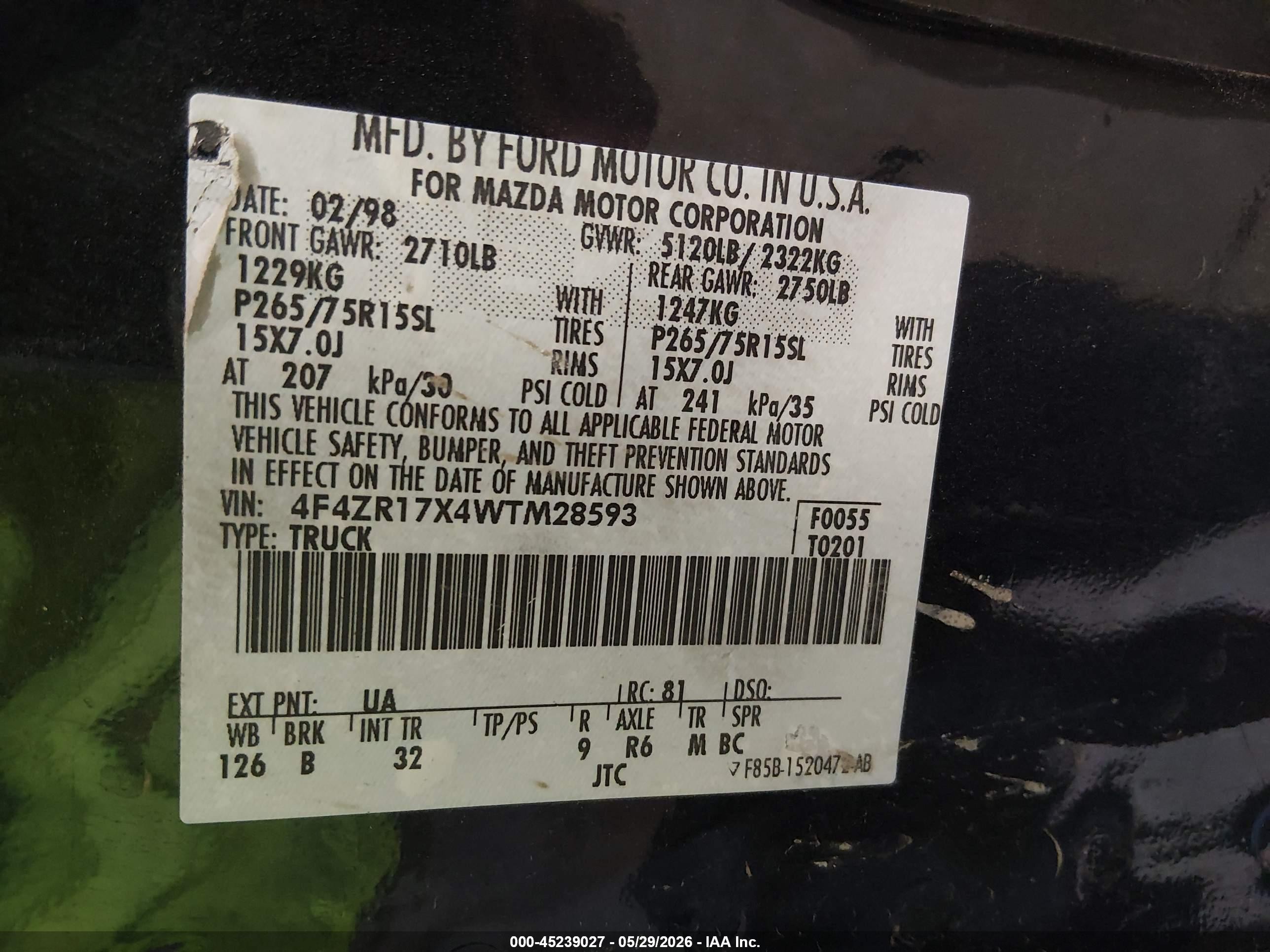 1998 Mazda B4000 Se Black vin: 4F4ZR17X4WTM28593