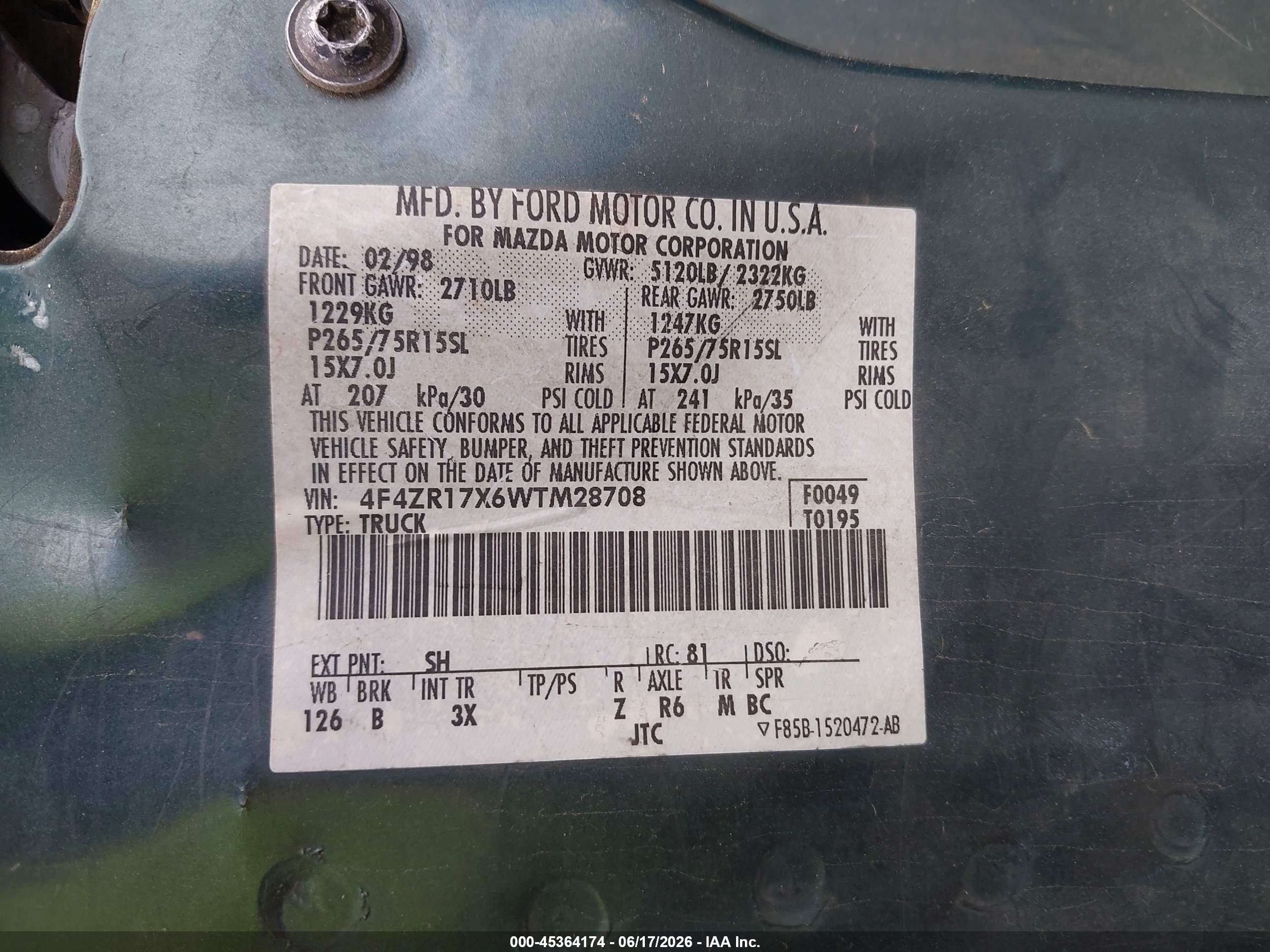 1998 Mazda B4000 Se Green vin: 4F4ZR17X6WTM28708