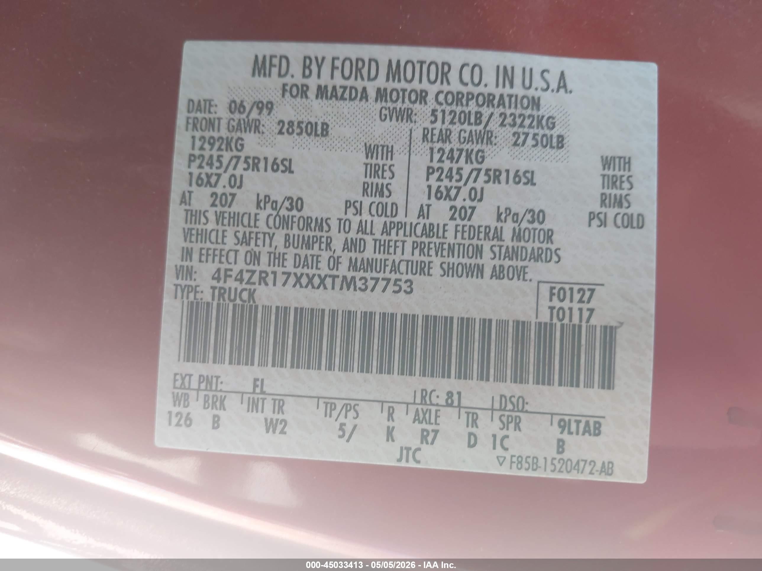 1999 Mazda B4000 Se/tl Burgundy vin: 4F4ZR17XXXTM37753
