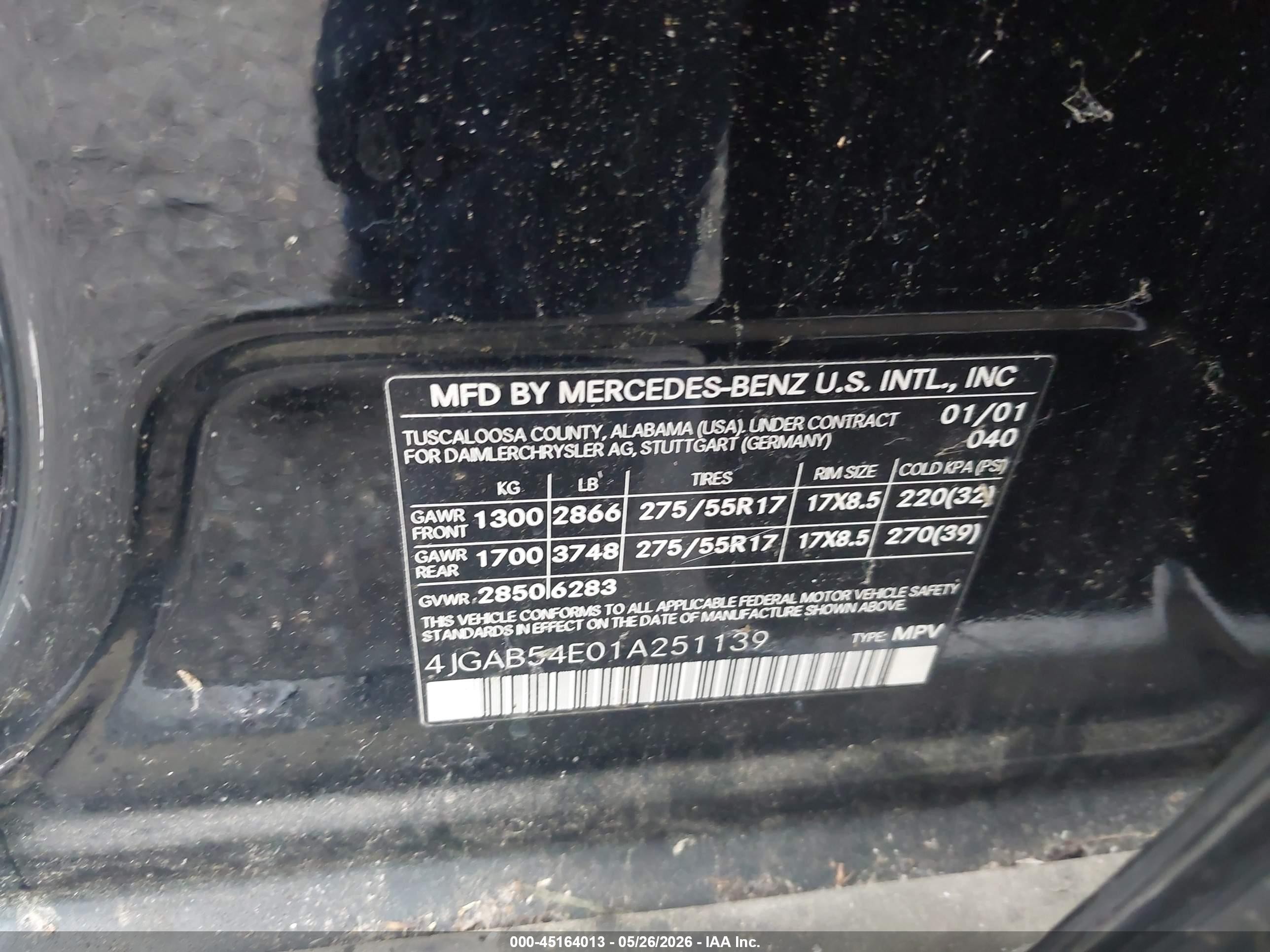 2001 Mercedes-benz Ml 320   Black vin: 4JGAB54E01A251139