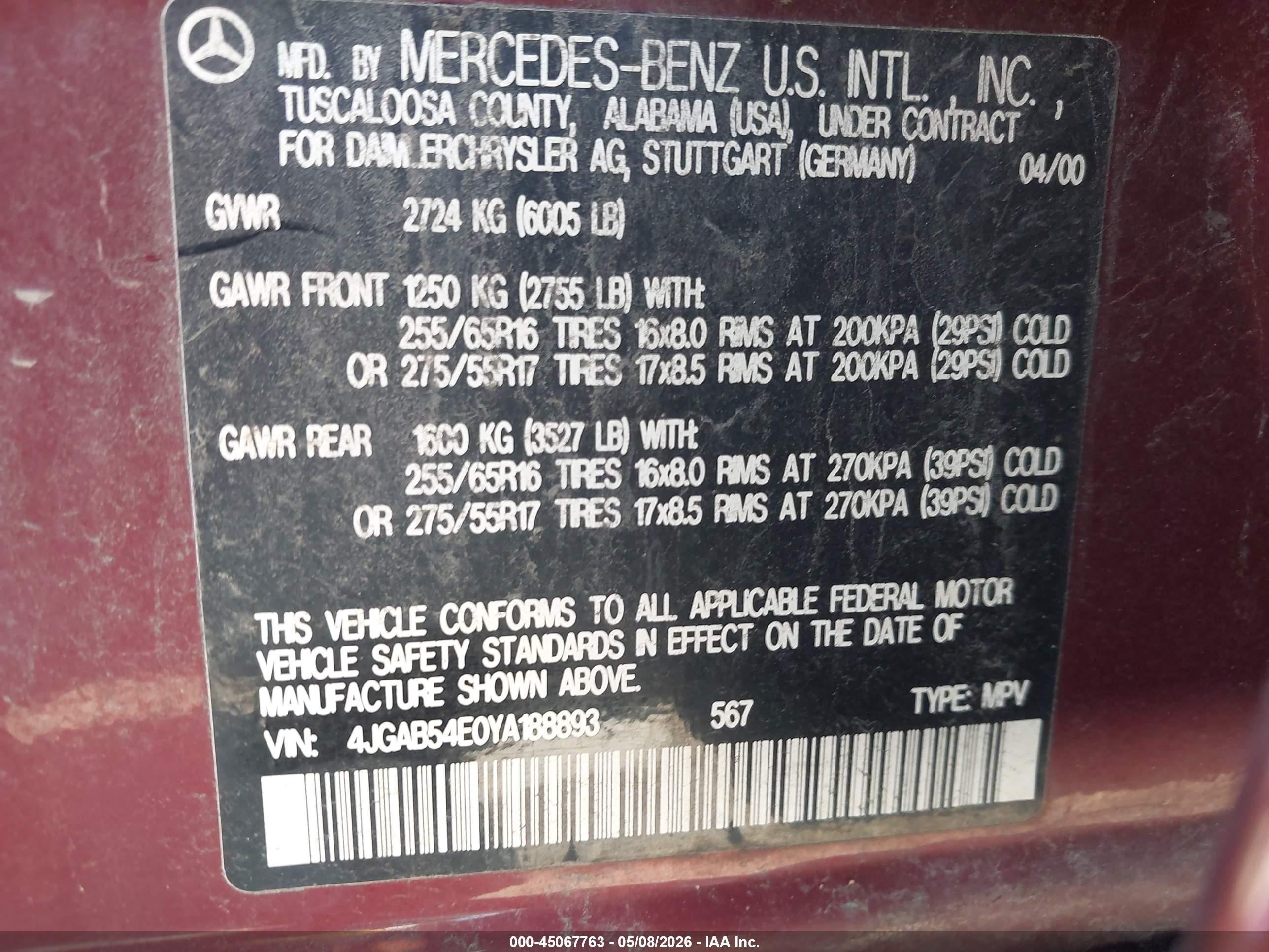 2000 Mercedes-benz Ml 320   Бордовый vin: 4JGAB54E0YA188893