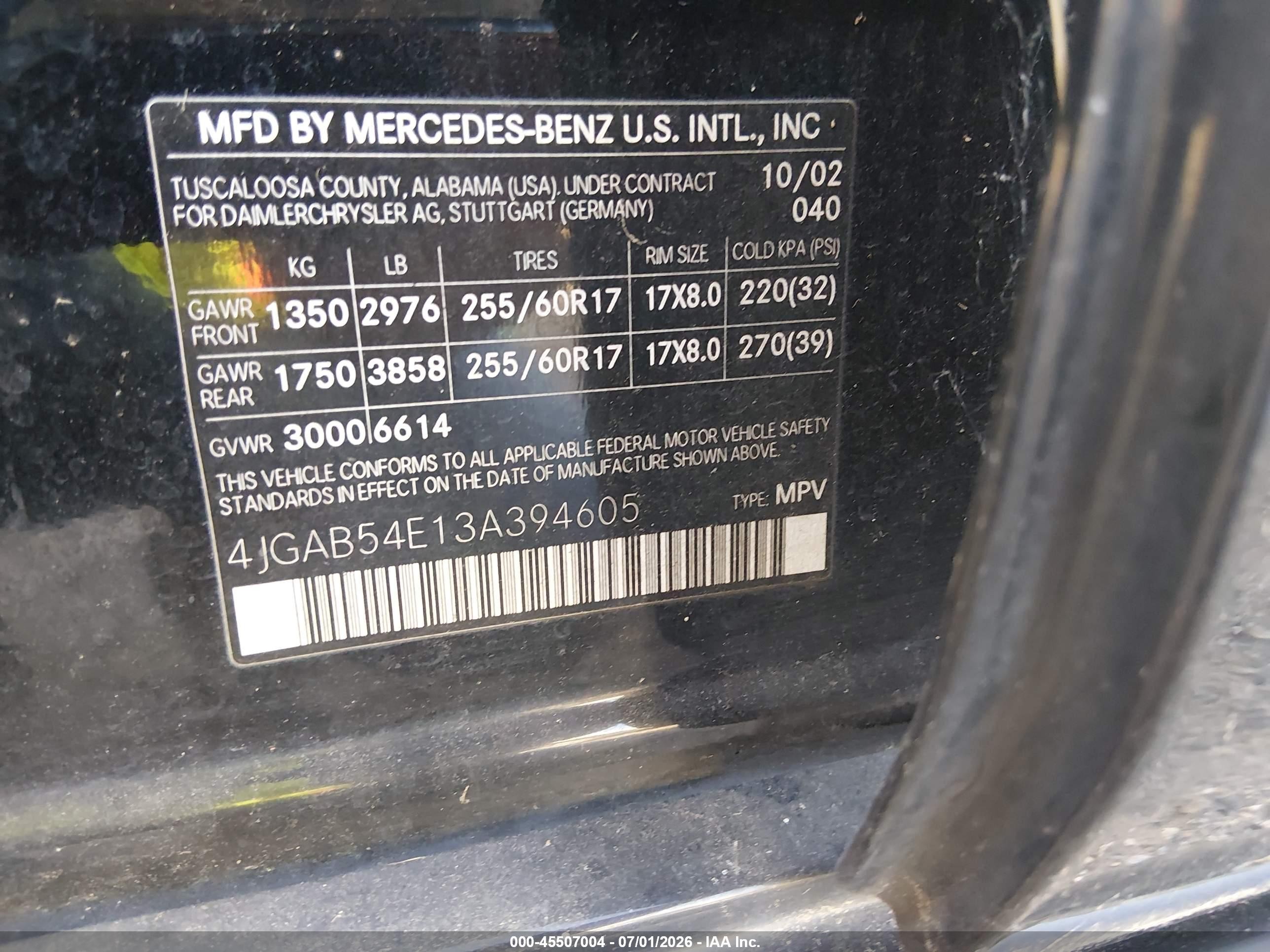 2003 Mercedes-benz Ml 320   Black vin: 4JGAB54E13A394605