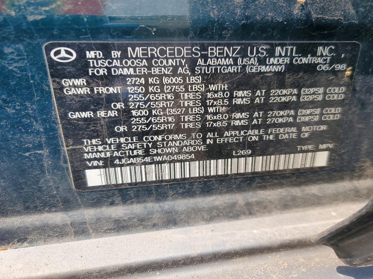 1998 Mercedes-benz Ml 320 Green vin: 4JGAB54E1WA049854