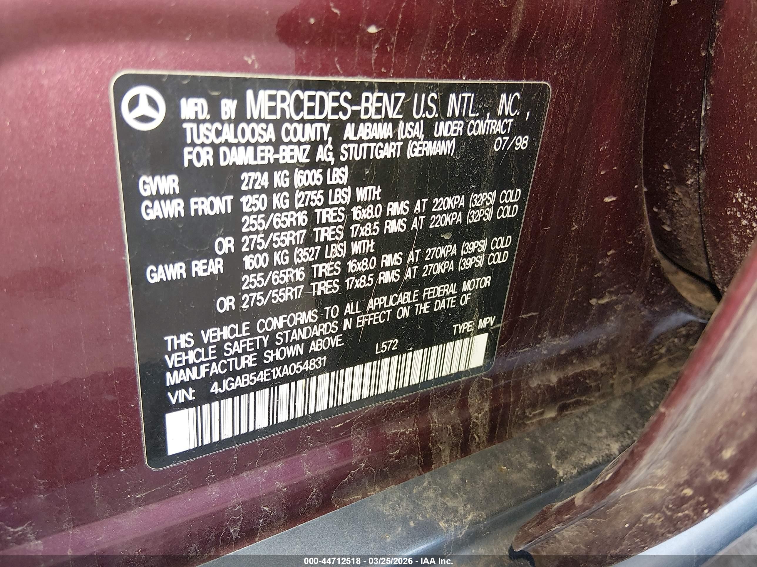 1999 Mercedes-benz Ml 320   Burgundy vin: 4JGAB54E1XA054831