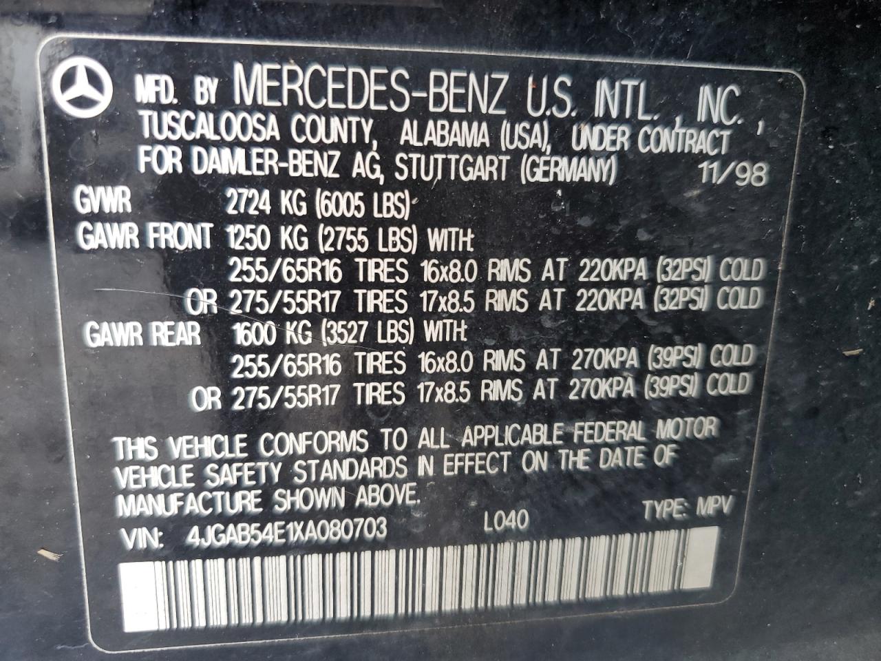 1999 Mercedes-benz Ml 320 Черный vin: 4JGAB54E1XA080703