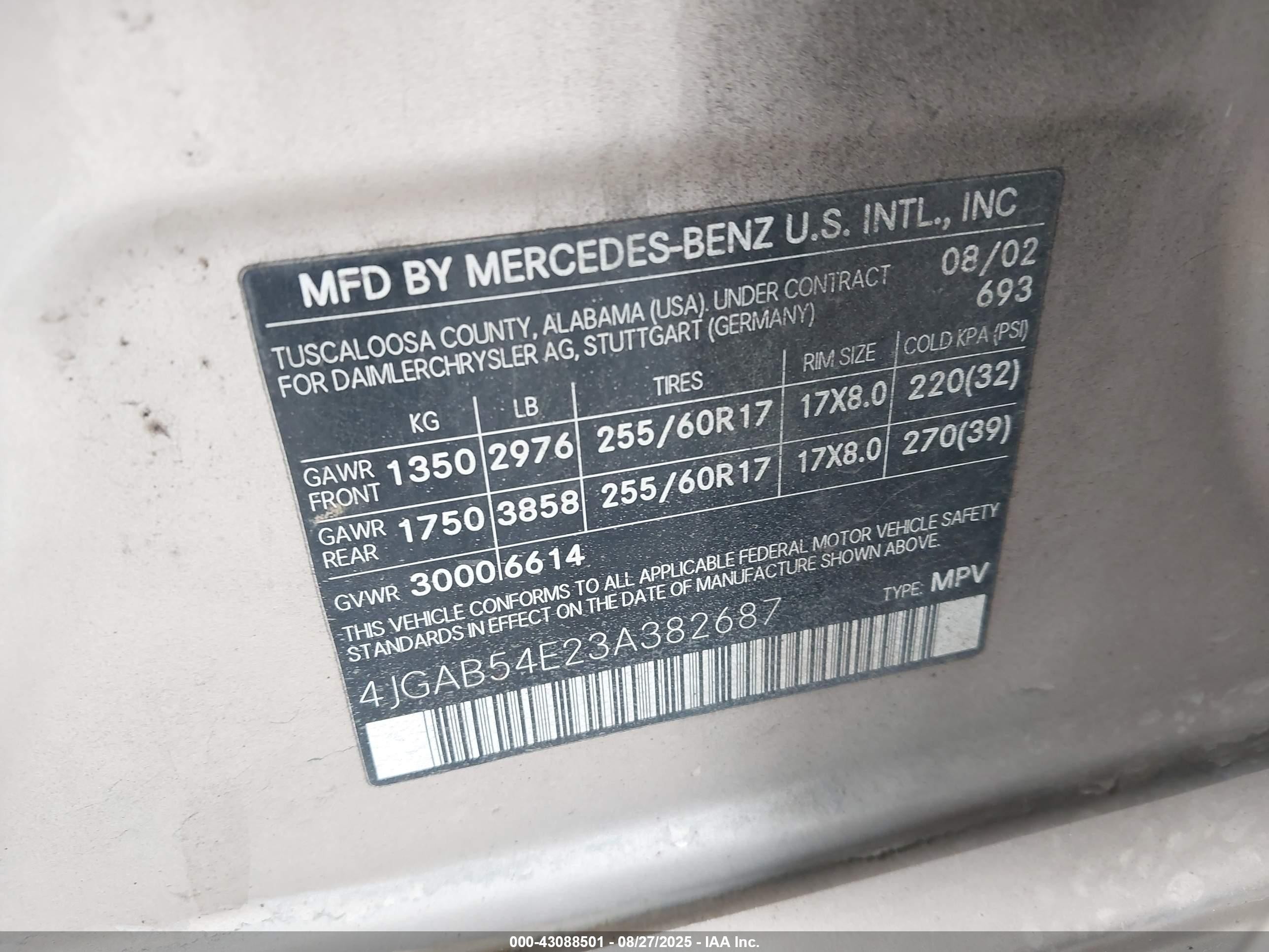 2003 Mercedes-benz Ml 320   Желто-коричневый vin: 4JGAB54E23A382687
