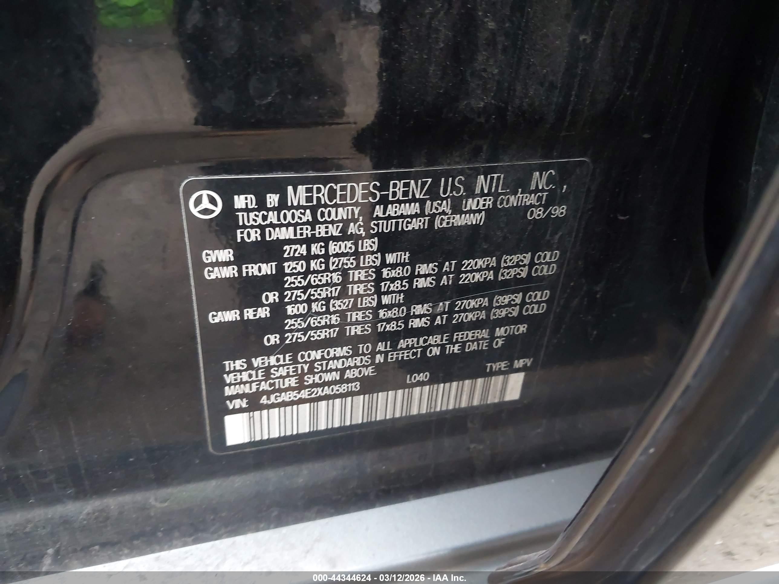 1999 Mercedes-benz Ml 320   Black vin: 4JGAB54E2XA058113