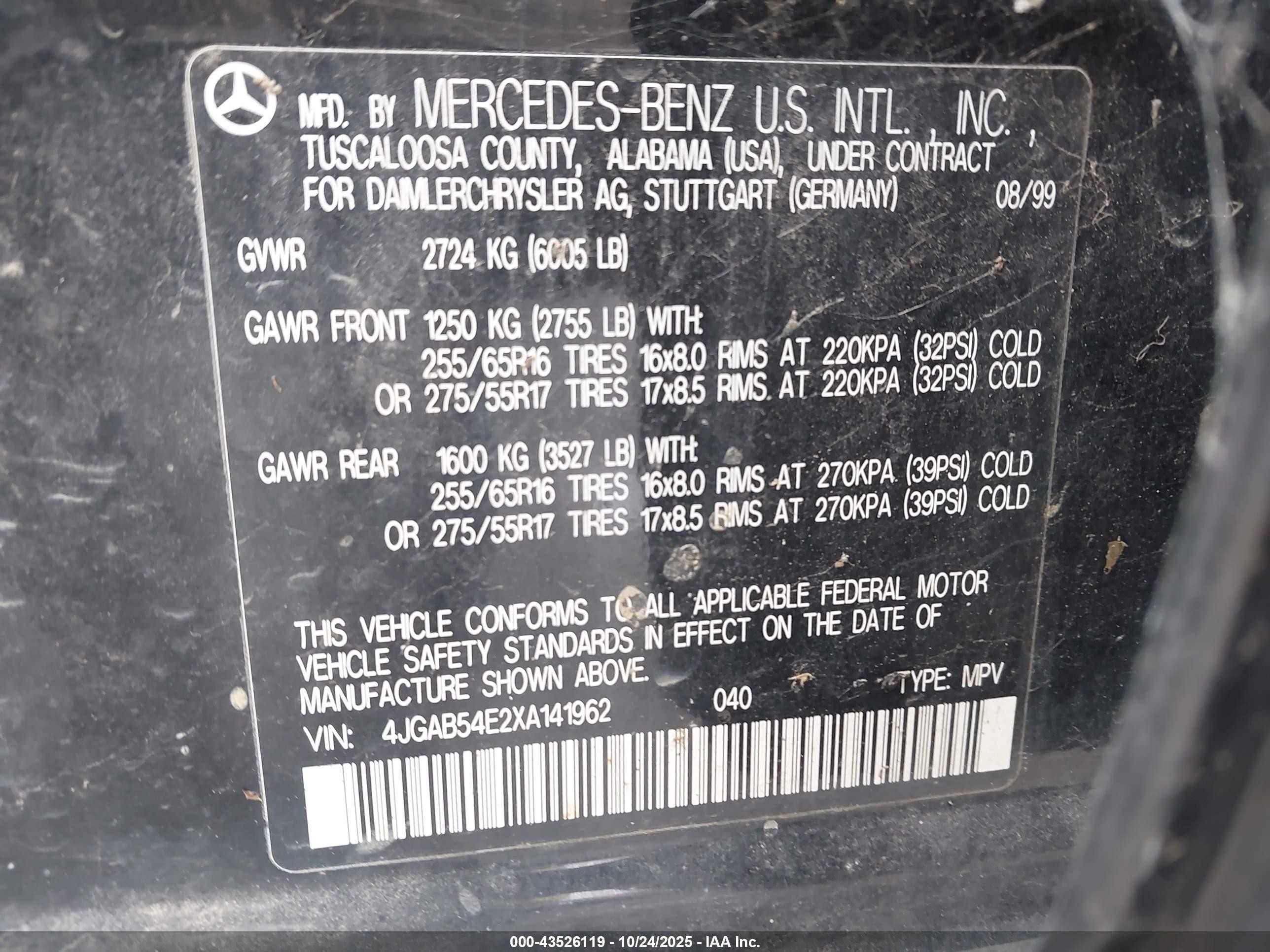 1999 Mercedes-benz Ml 320   Черный vin: 4JGAB54E2XA141962