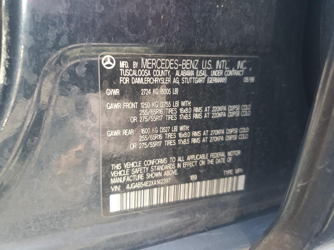 1999 Mercedes-benz Ml 320 Черный vin: 4JGAB54E2XA142397