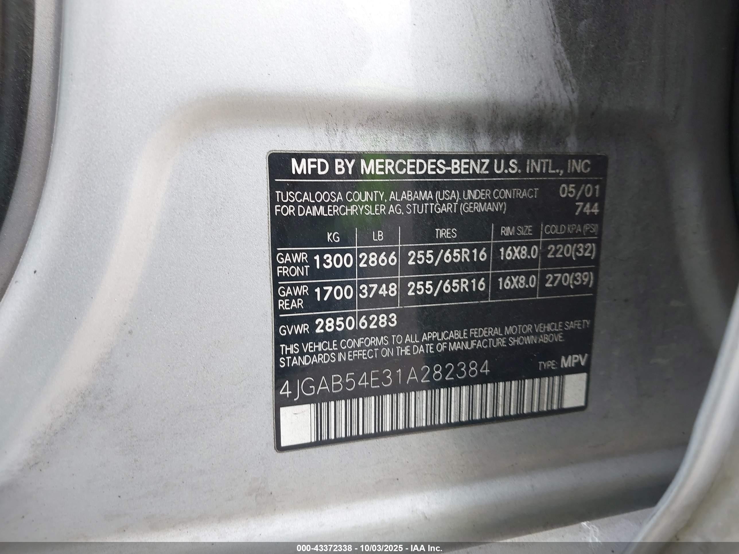 2001 Mercedes-benz Ml 320   Серебряный vin: 4JGAB54E31A282384