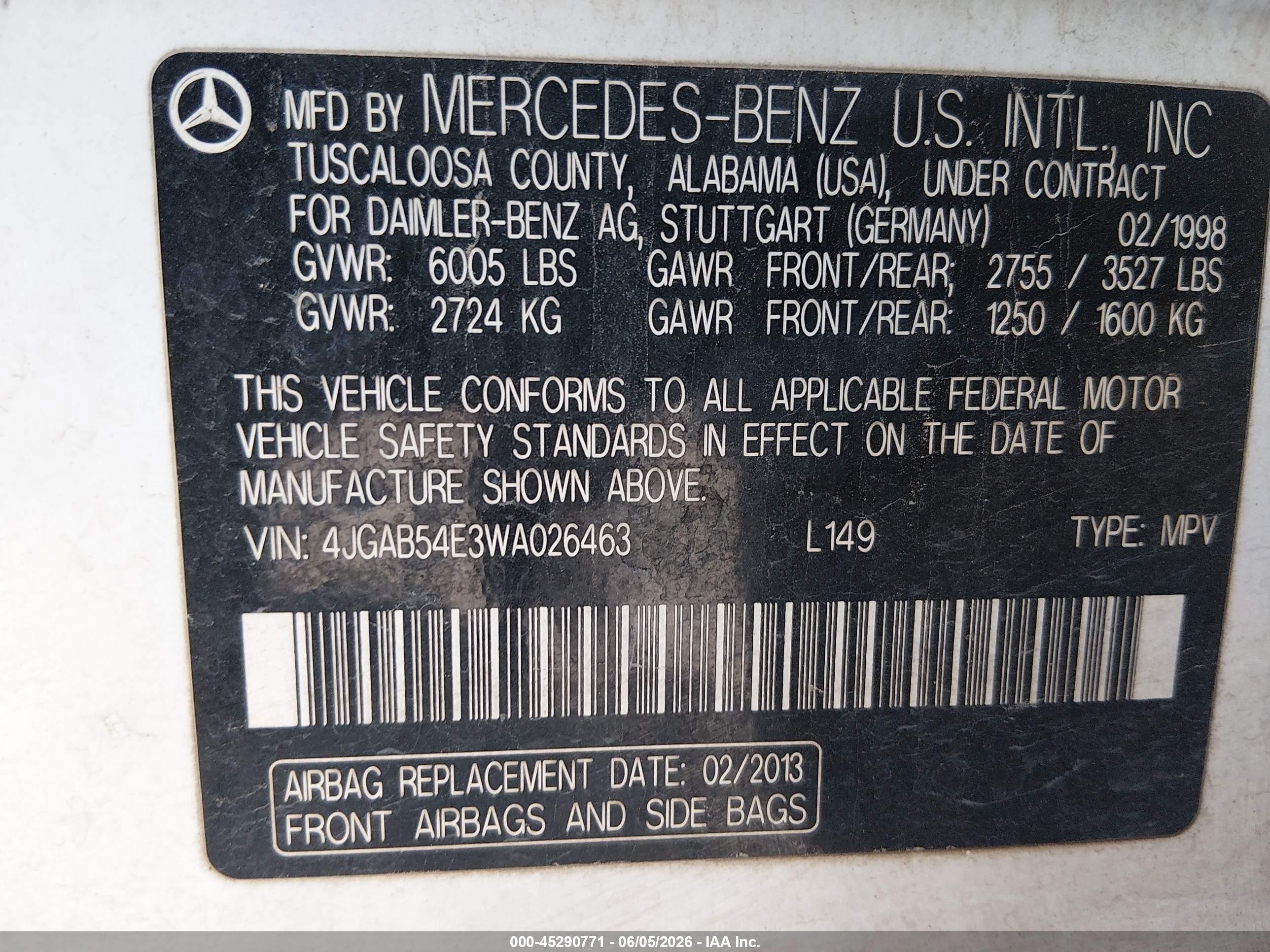 1998 Mercedes-benz Ml 320 Classic Белый vin: 4JGAB54E3WA026463