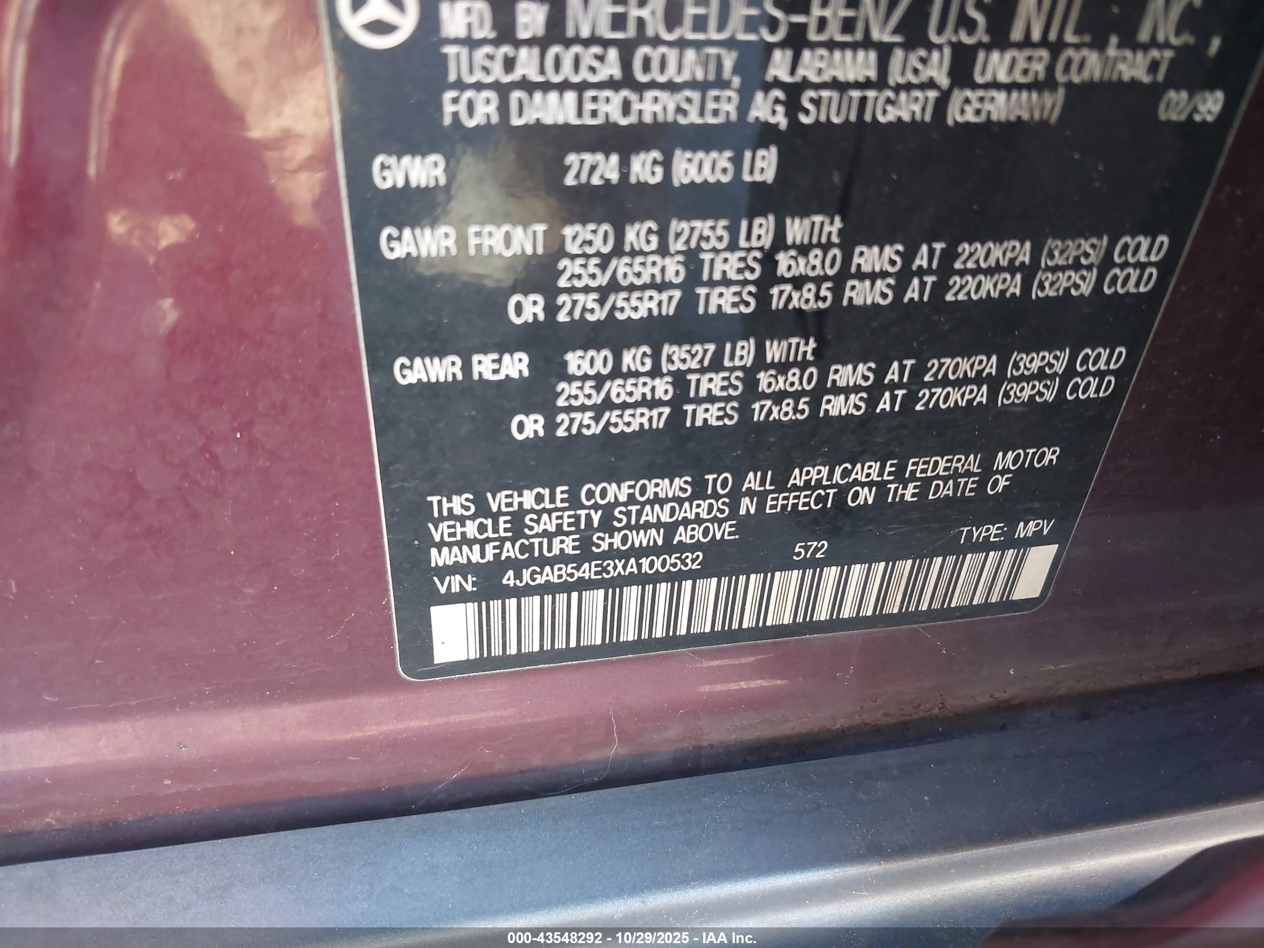 1999 Mercedes-benz Ml 320   Burgundy vin: 4JGAB54E3XA100532