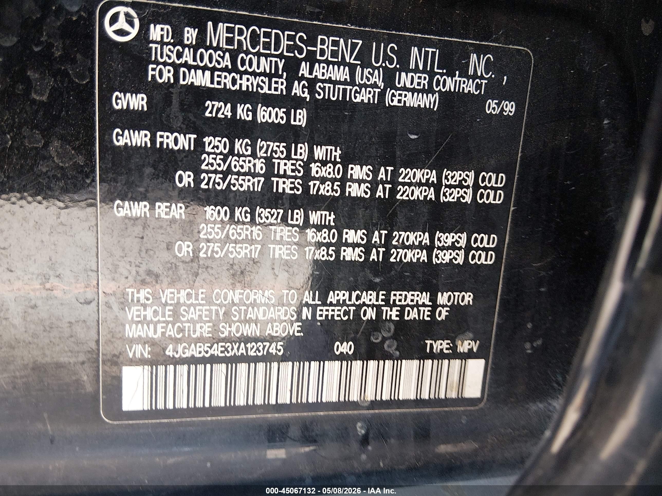 1999 Mercedes-benz Ml 320   Черный vin: 4JGAB54E3XA123745
