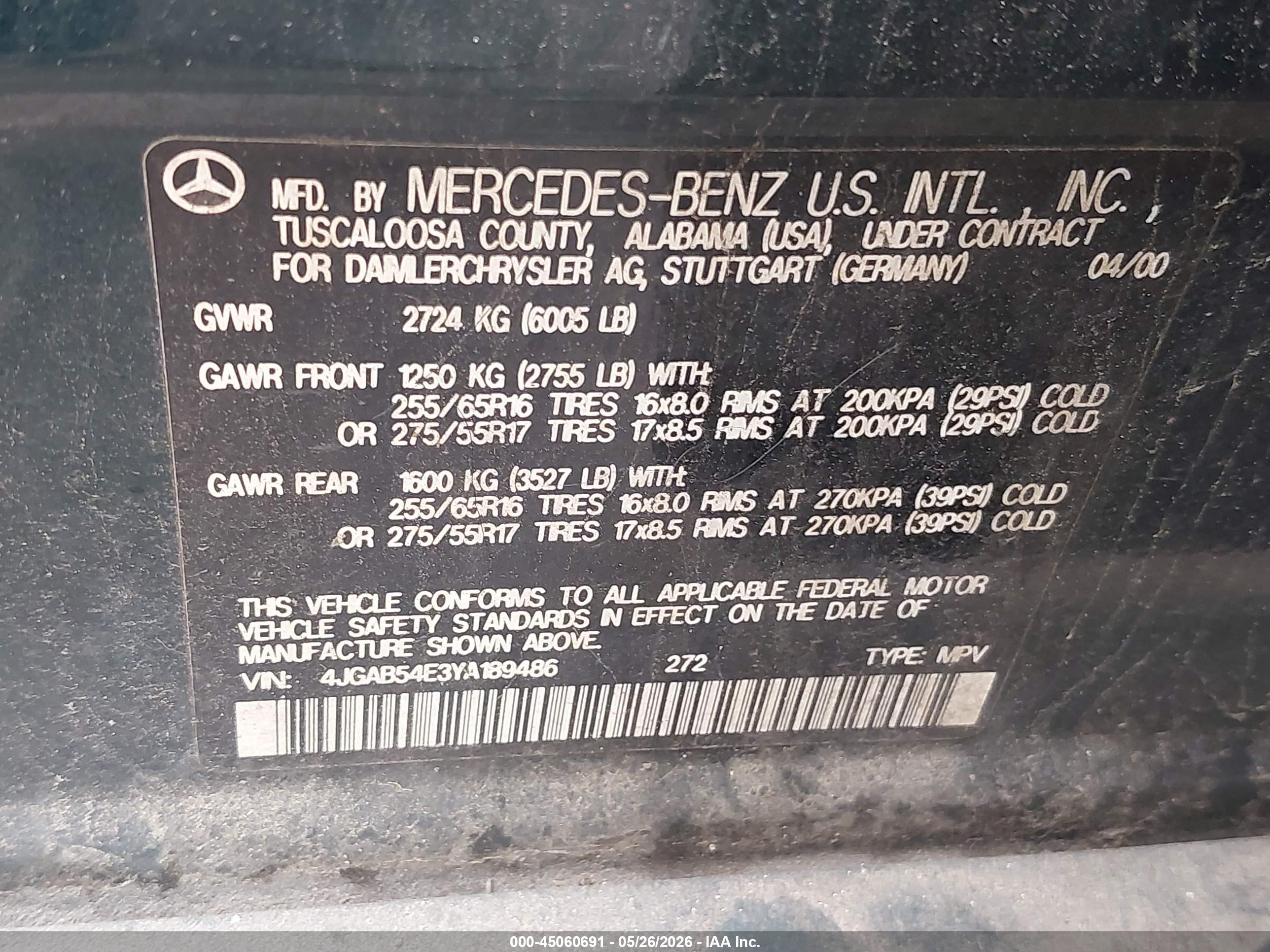 2000 Mercedes-benz Ml 320   Зеленый vin: 4JGAB54E3YA189486
