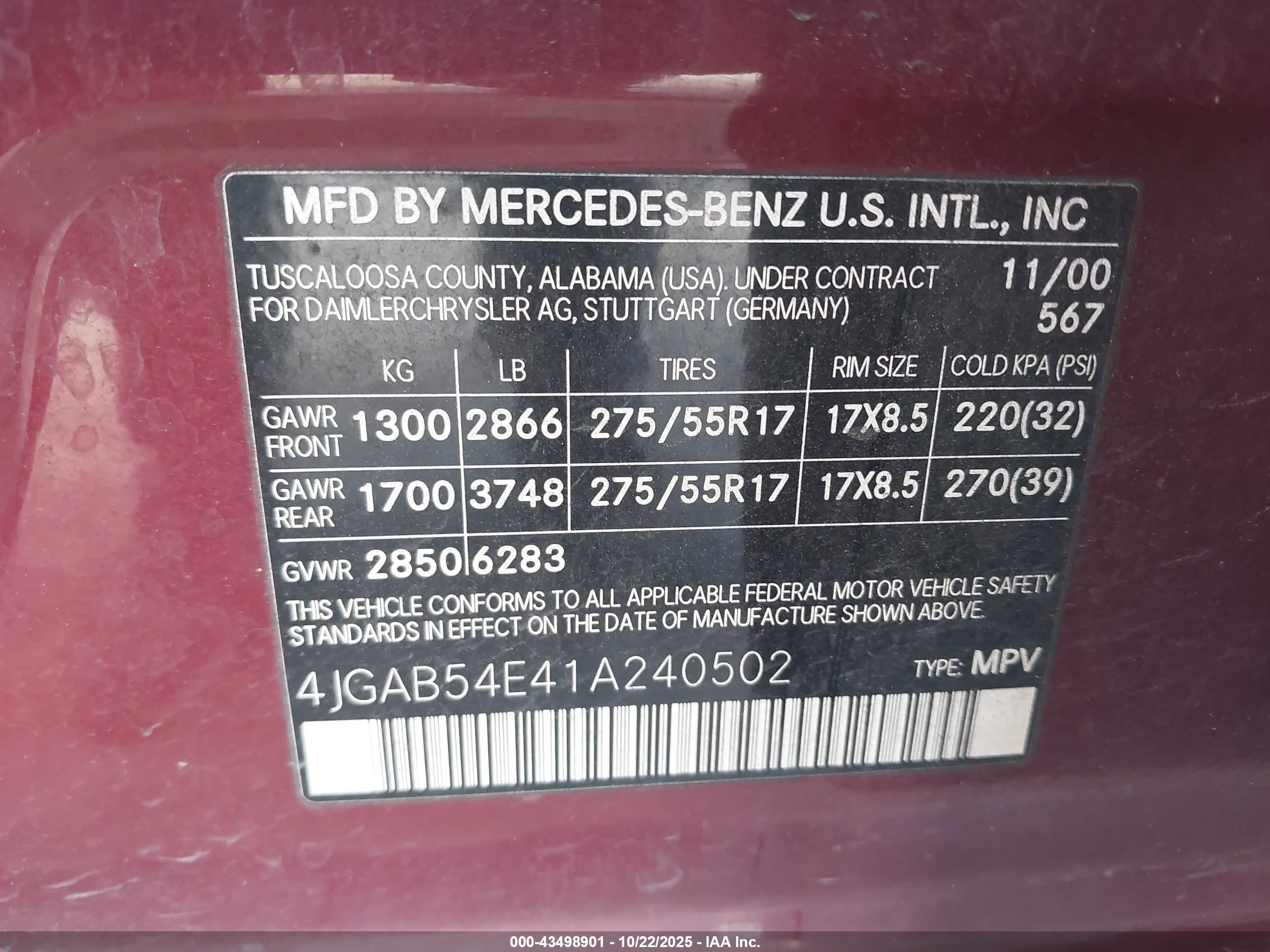 2001 Mercedes-benz Ml 320   Красный vin: 4JGAB54E41A240502