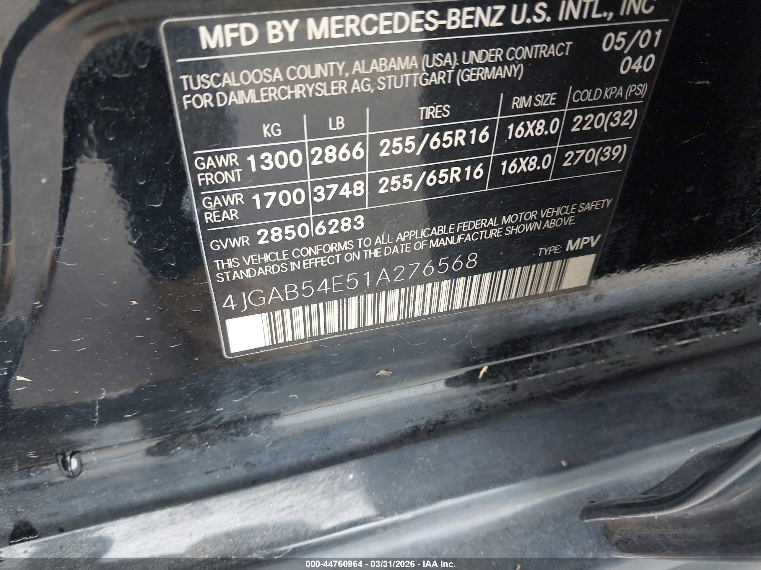2001 Mercedes-benz Ml 320   Black vin: 4JGAB54E51A276568