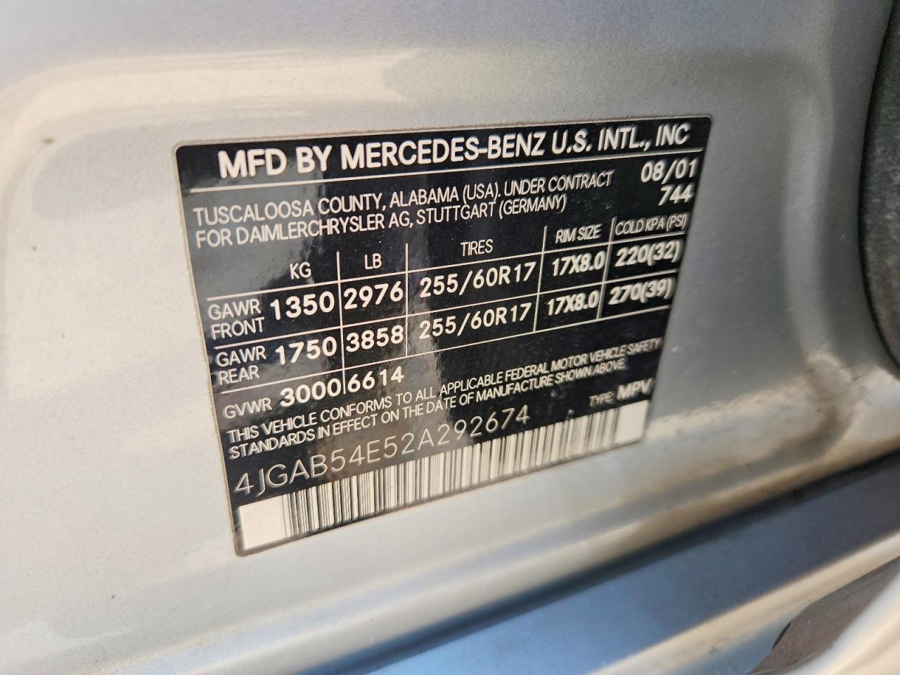 2002 Mercedes-benz M-class Ml320 Silver vin: 4JGAB54E52A292674