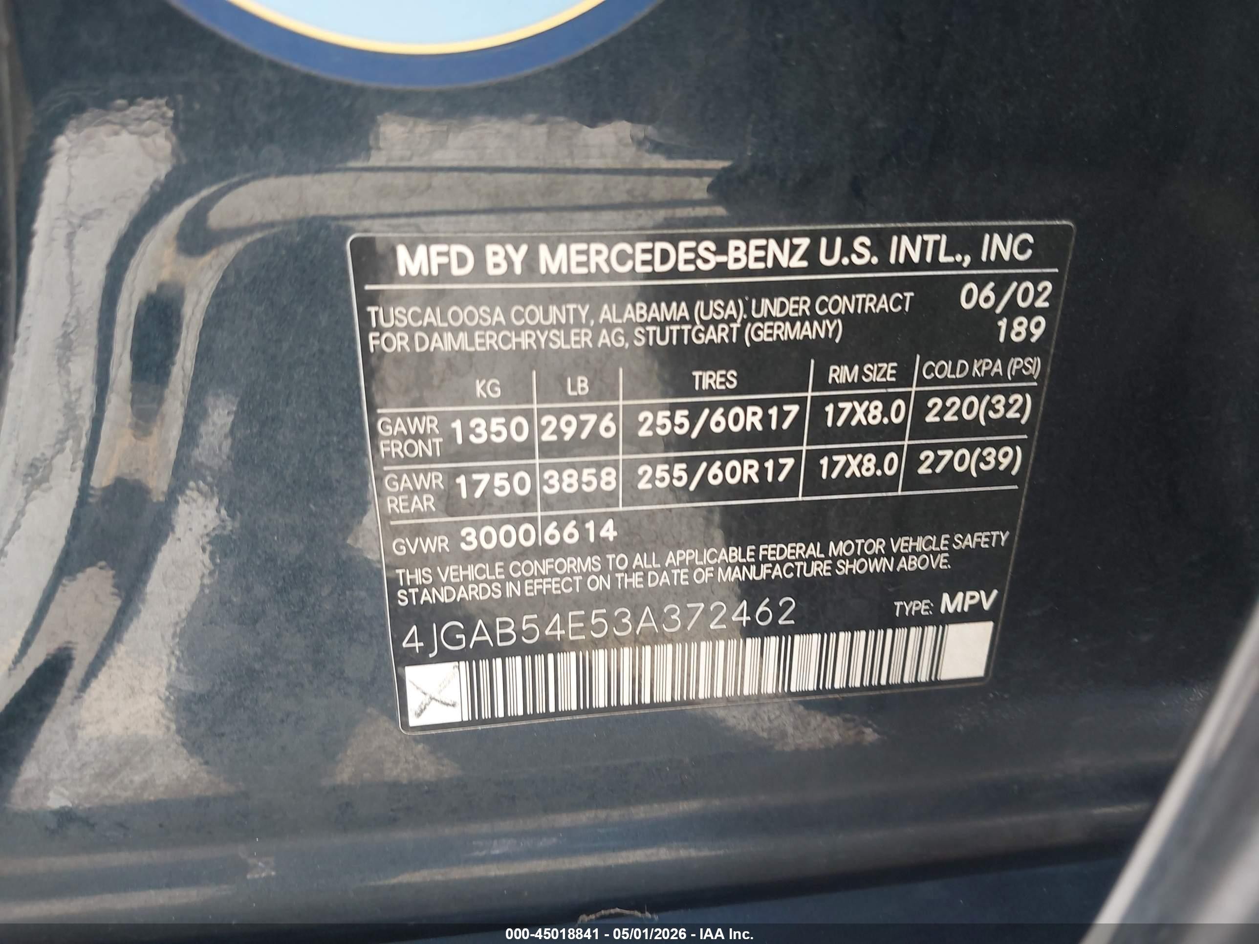 2003 Mercedes-benz Ml 320 Blue vin: 4JGAB54E53A372462